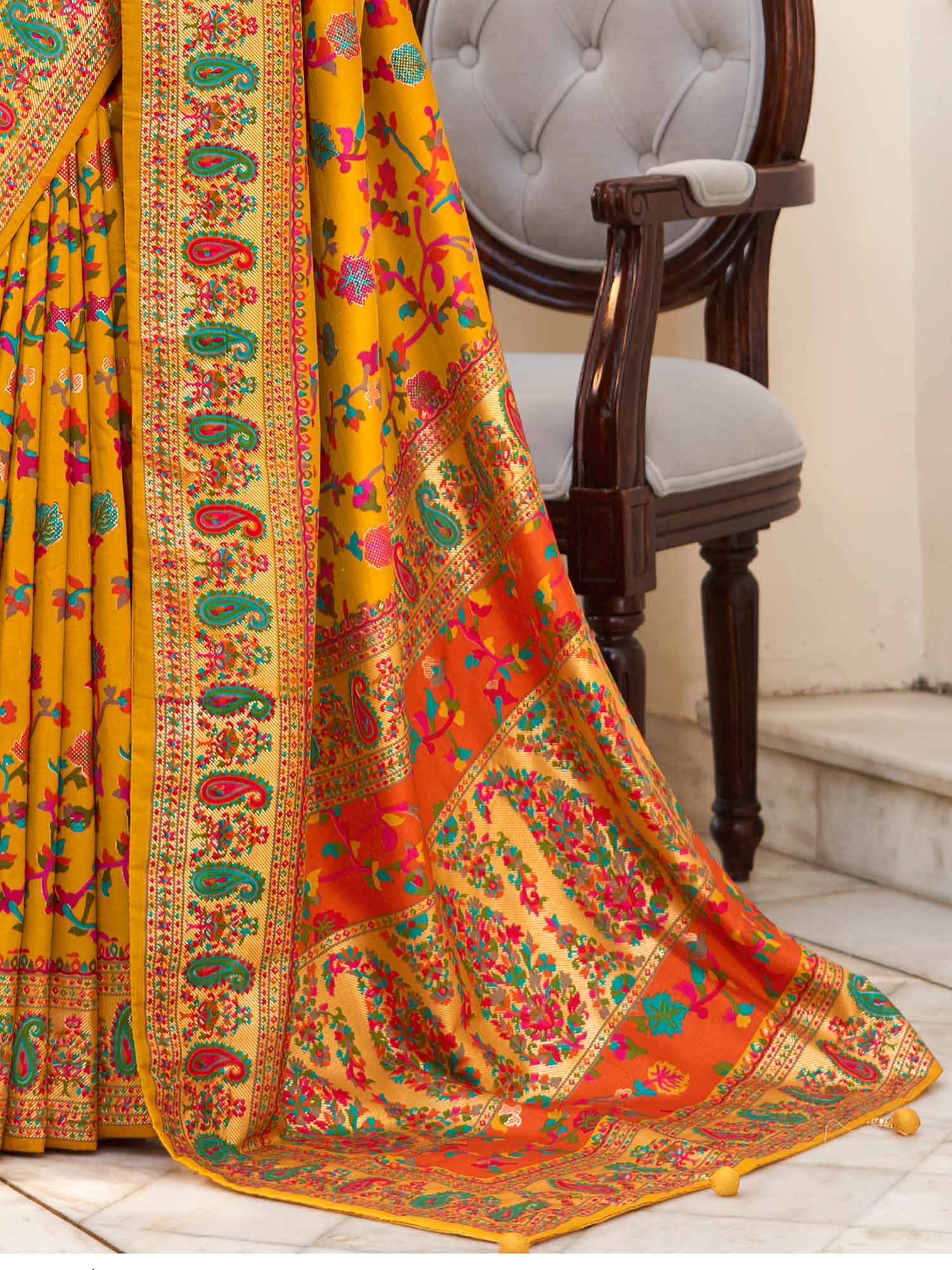 Mustard Yellow Kashmiri Silk Saree - Ressa