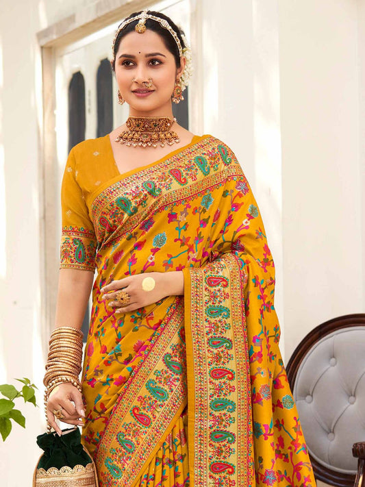 Mustard Yellow Kashmiri Silk Saree - Ressa