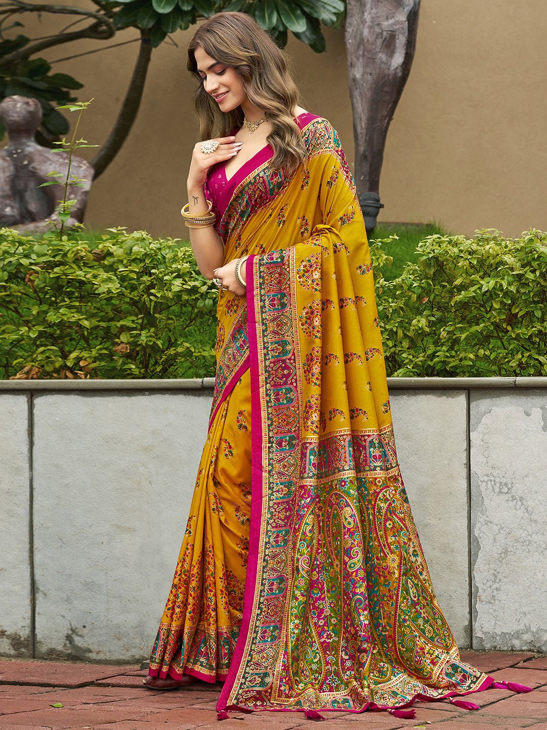 Mustard Yellow & Magenta Pink Kashmiri Pashmina Saree - Ressa