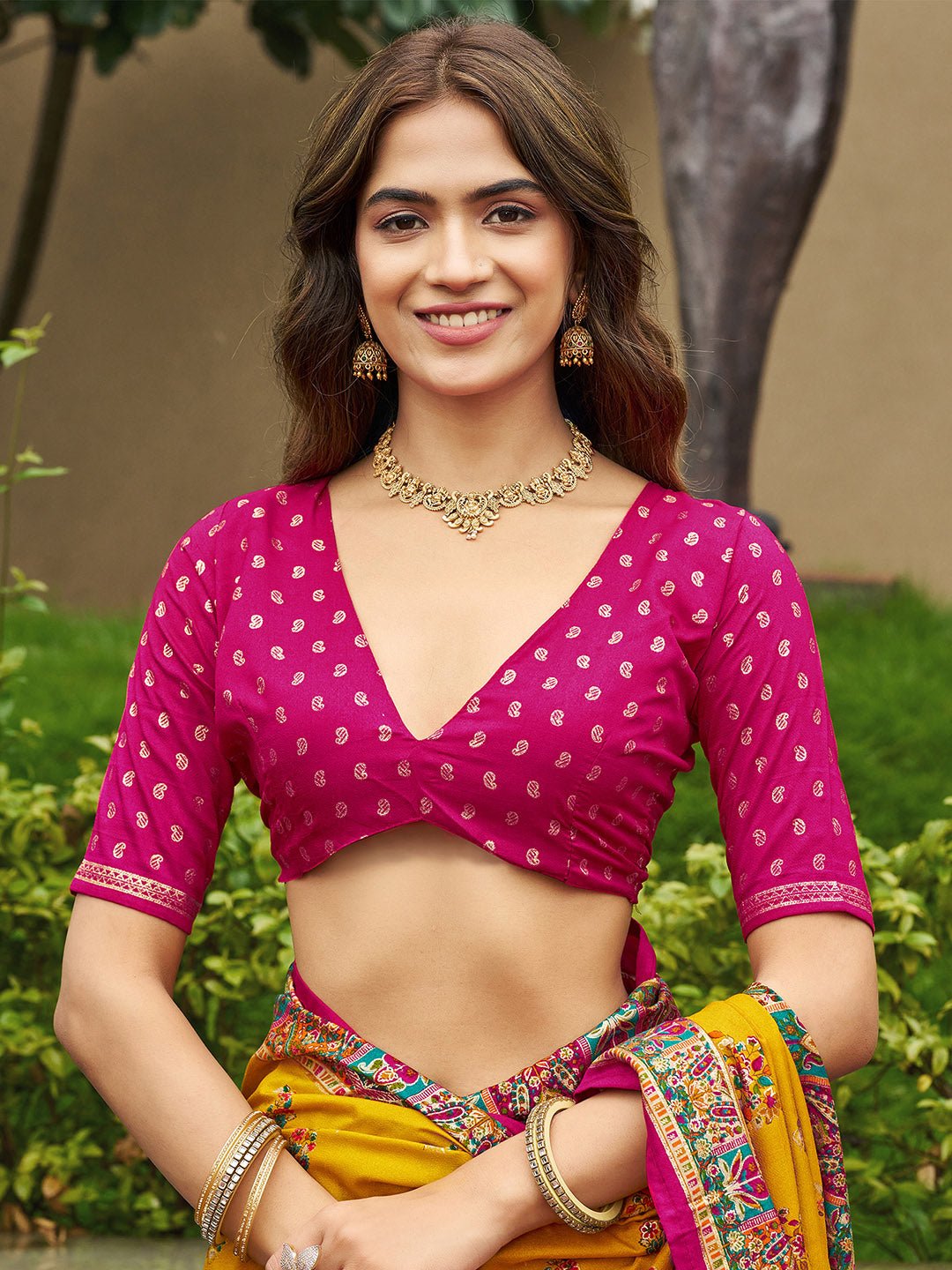 Mustard Yellow & Magenta Pink Kashmiri Pashmina Saree - Ressa