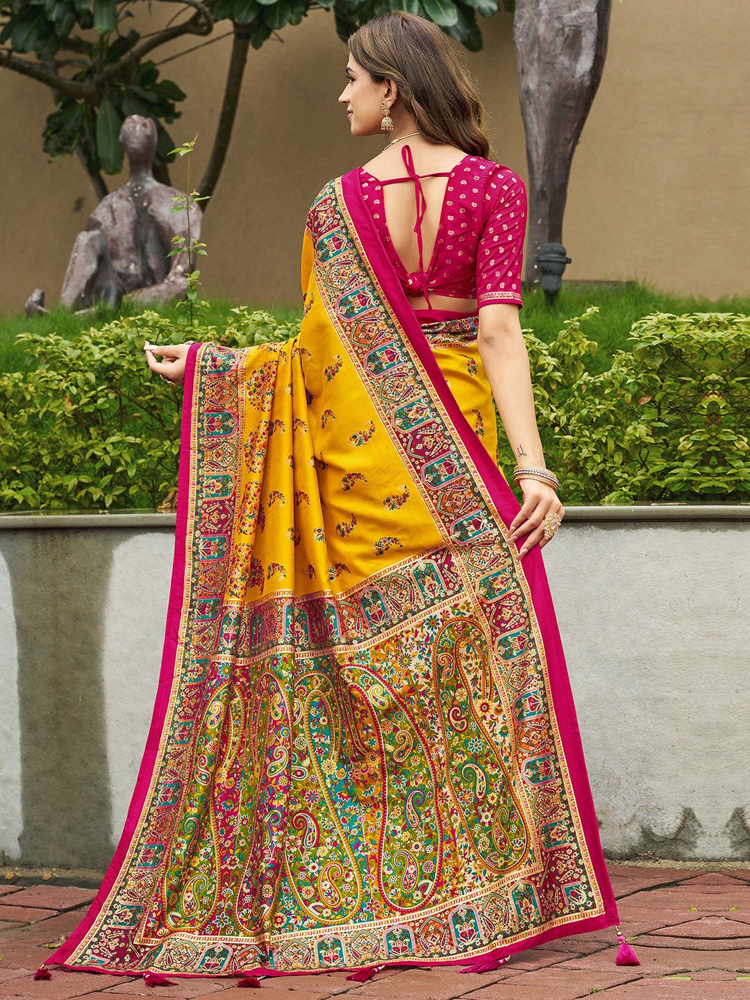 Mustard Yellow & Magenta Pink Kashmiri Pashmina Saree - Ressa