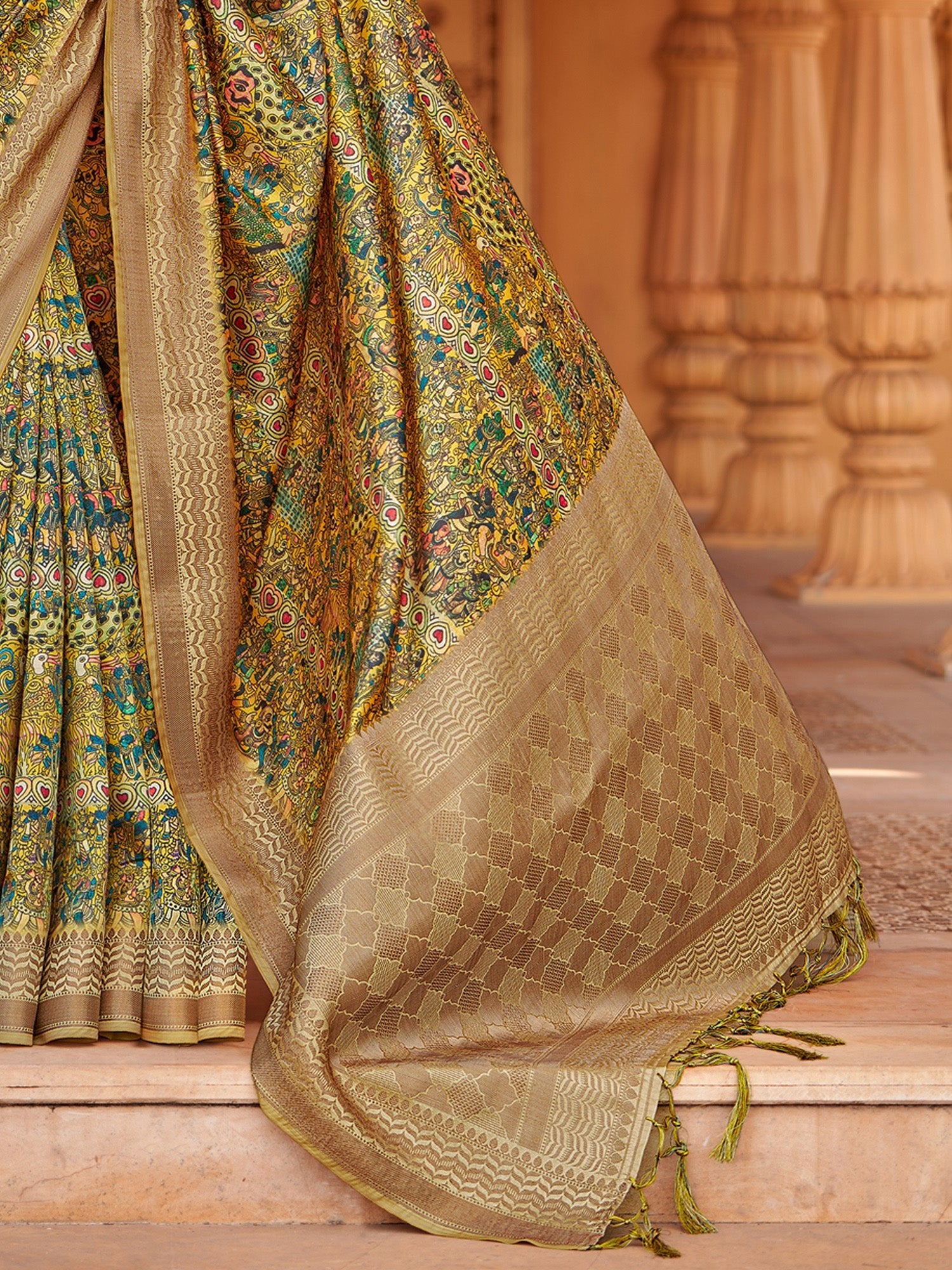 Mustard Yellow & Olive Green Silk Blend Saree - Ressa