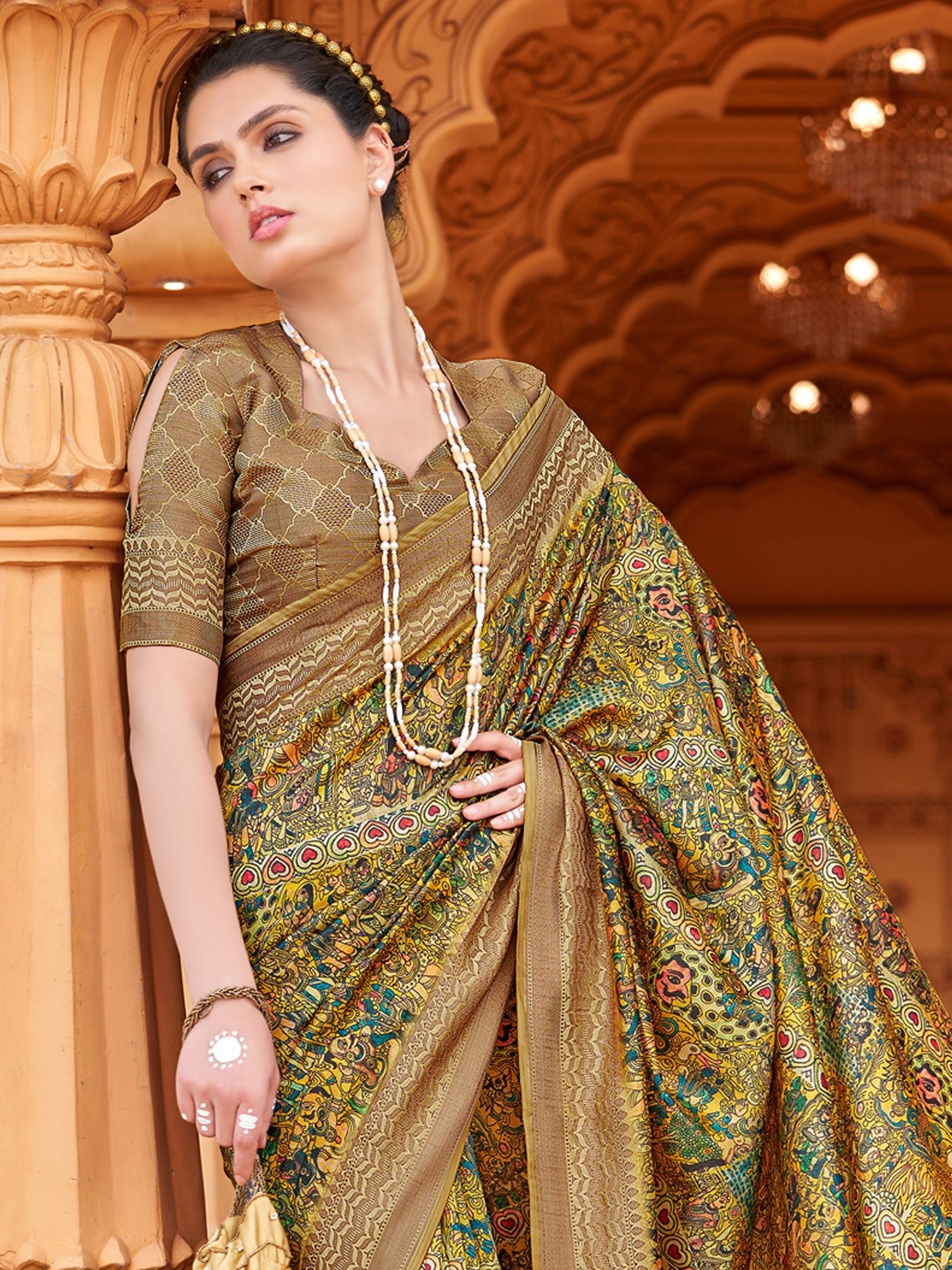 Mustard Yellow & Olive Green Silk Blend Saree - Ressa