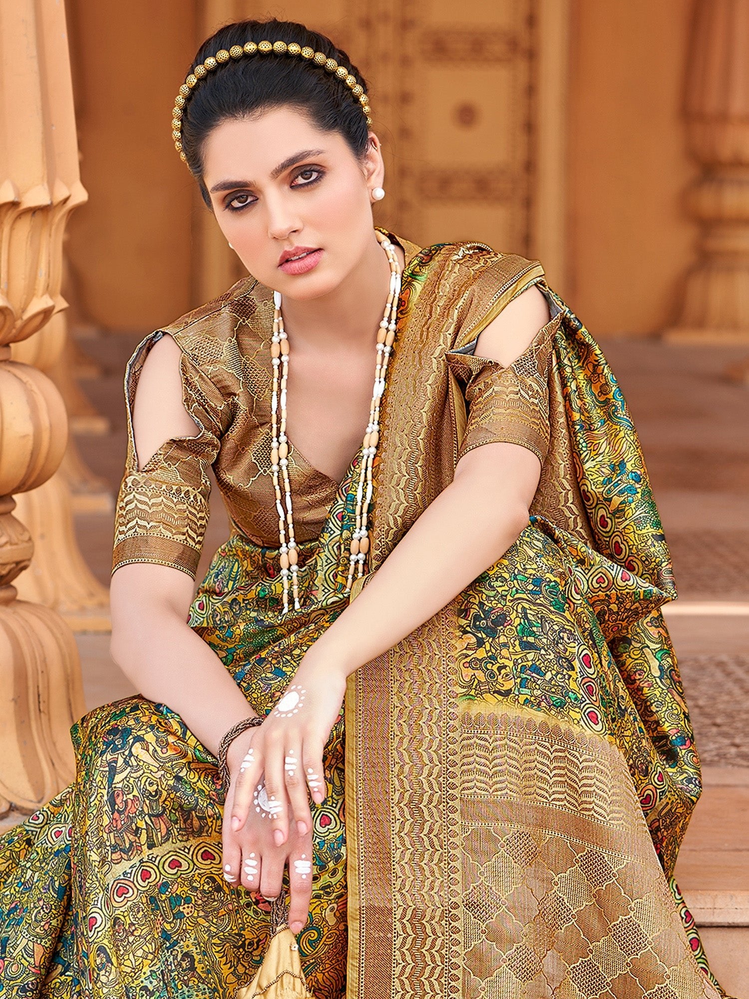 Mustard Yellow & Olive Green Silk Blend Saree - Ressa