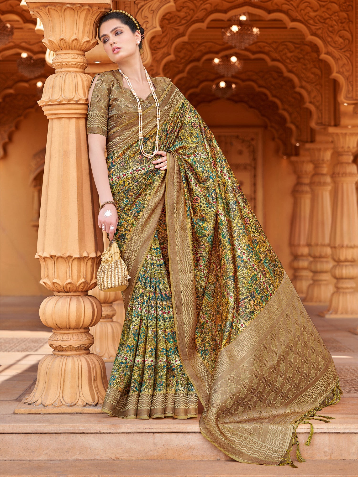 Mustard Yellow & Olive Green Silk Blend Saree - Ressa