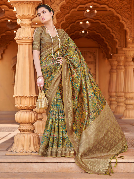 Mustard Yellow & Olive Green Silk Blend Saree - Ressa