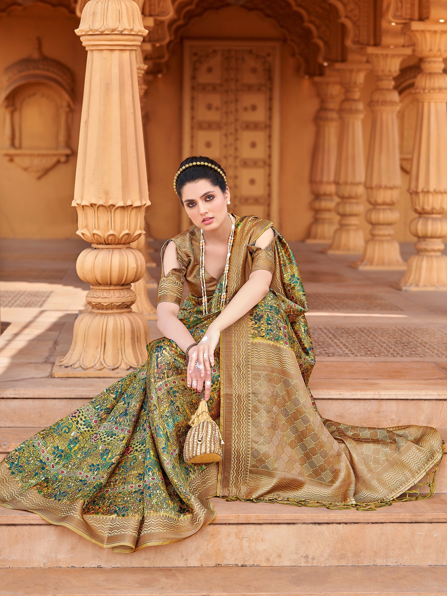 Mustard Yellow & Olive Green Silk Blend Saree - Ressa