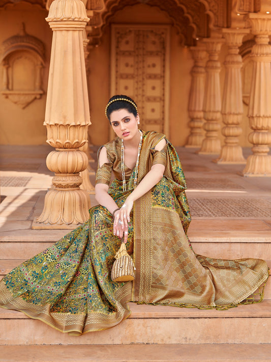 Mustard Yellow & Olive Green Silk Blend Saree - Ressa