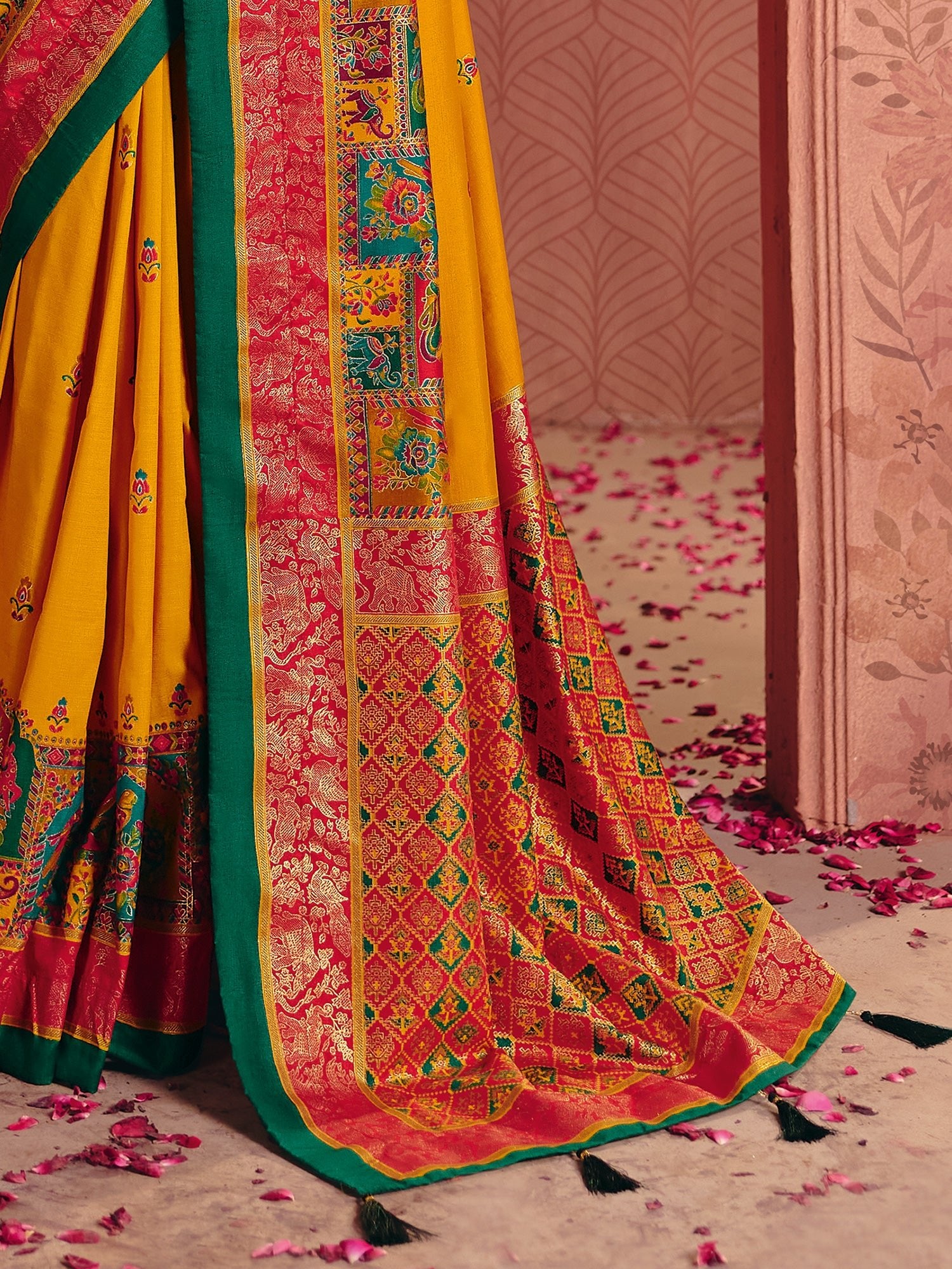 Mustard Yellow Patola Silk Saree with Meenakari Weave - Ressa