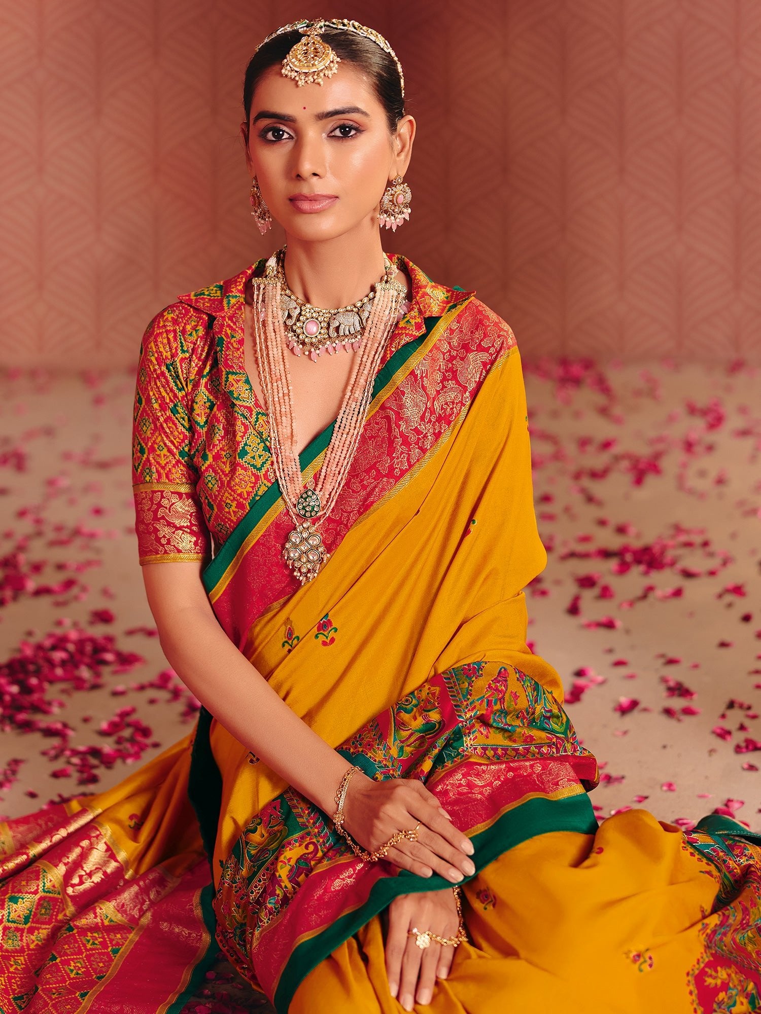 Mustard Yellow Patola Silk Saree with Meenakari Weave - Ressa