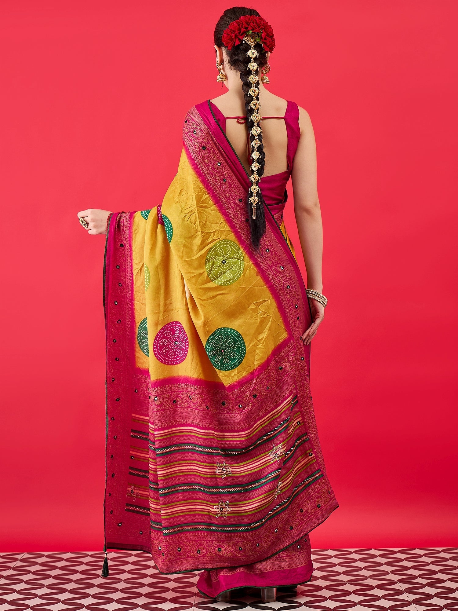 Mustard Yellow & Pink Traditional Bandhani - Ressa