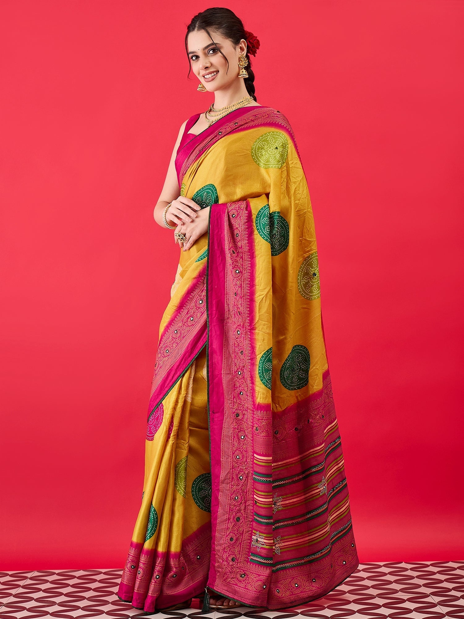 Mustard Yellow & Pink Traditional Bandhani - Ressa