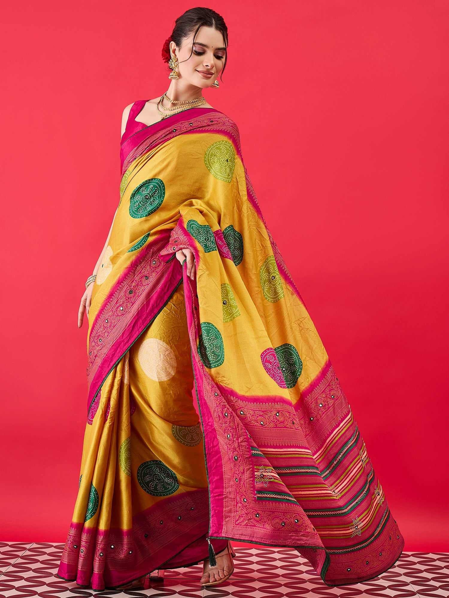 Mustard Yellow & Pink Traditional Bandhani - Ressa