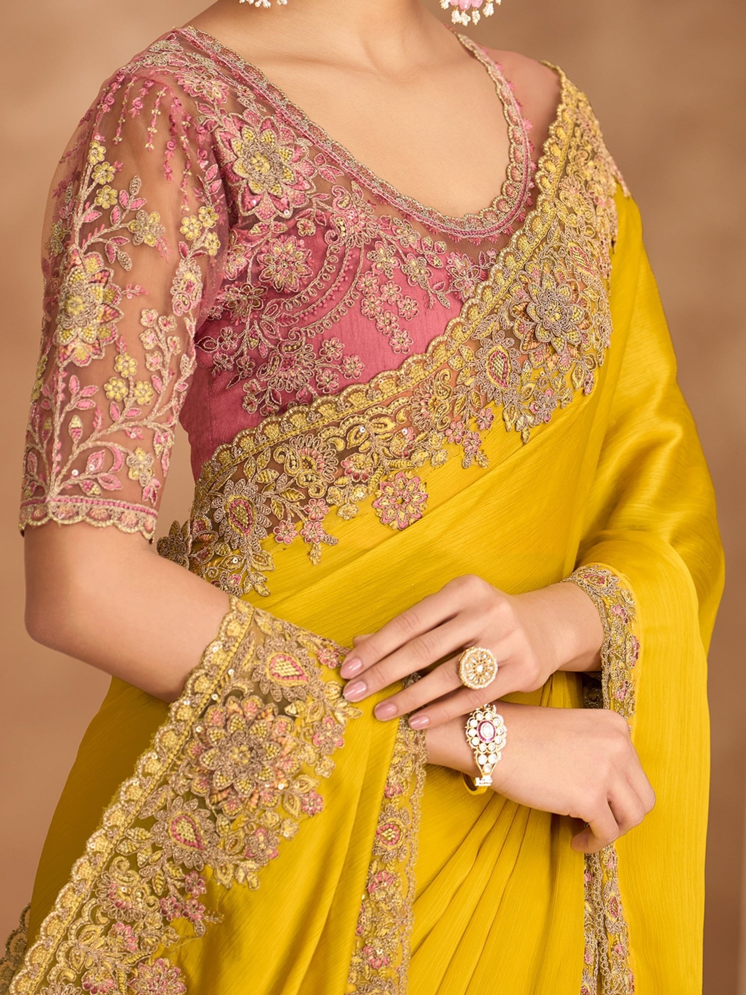 Mustard Yellow Plain Satin Saree - Ressa