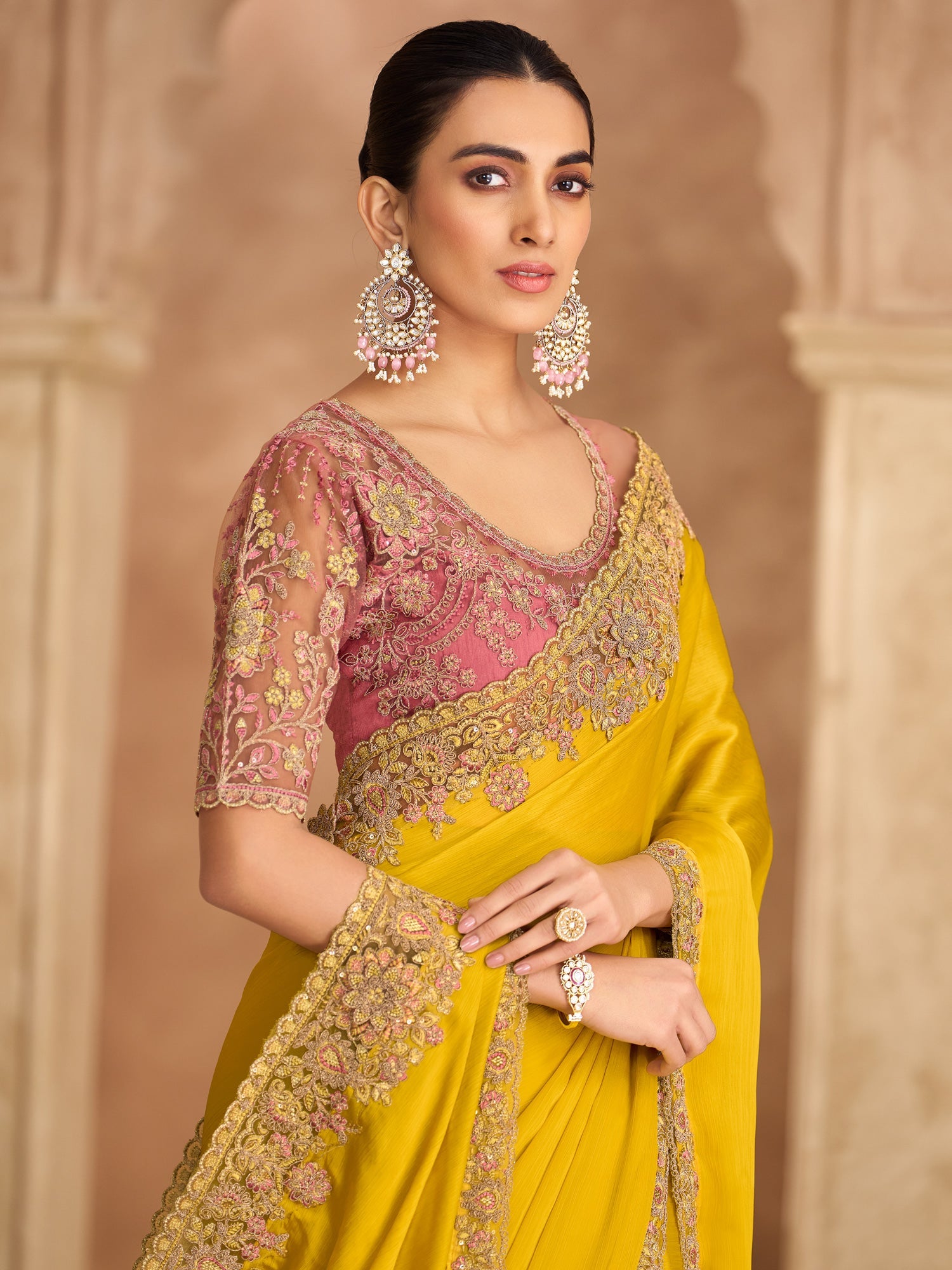 Mustard Yellow Plain Satin Saree - Ressa
