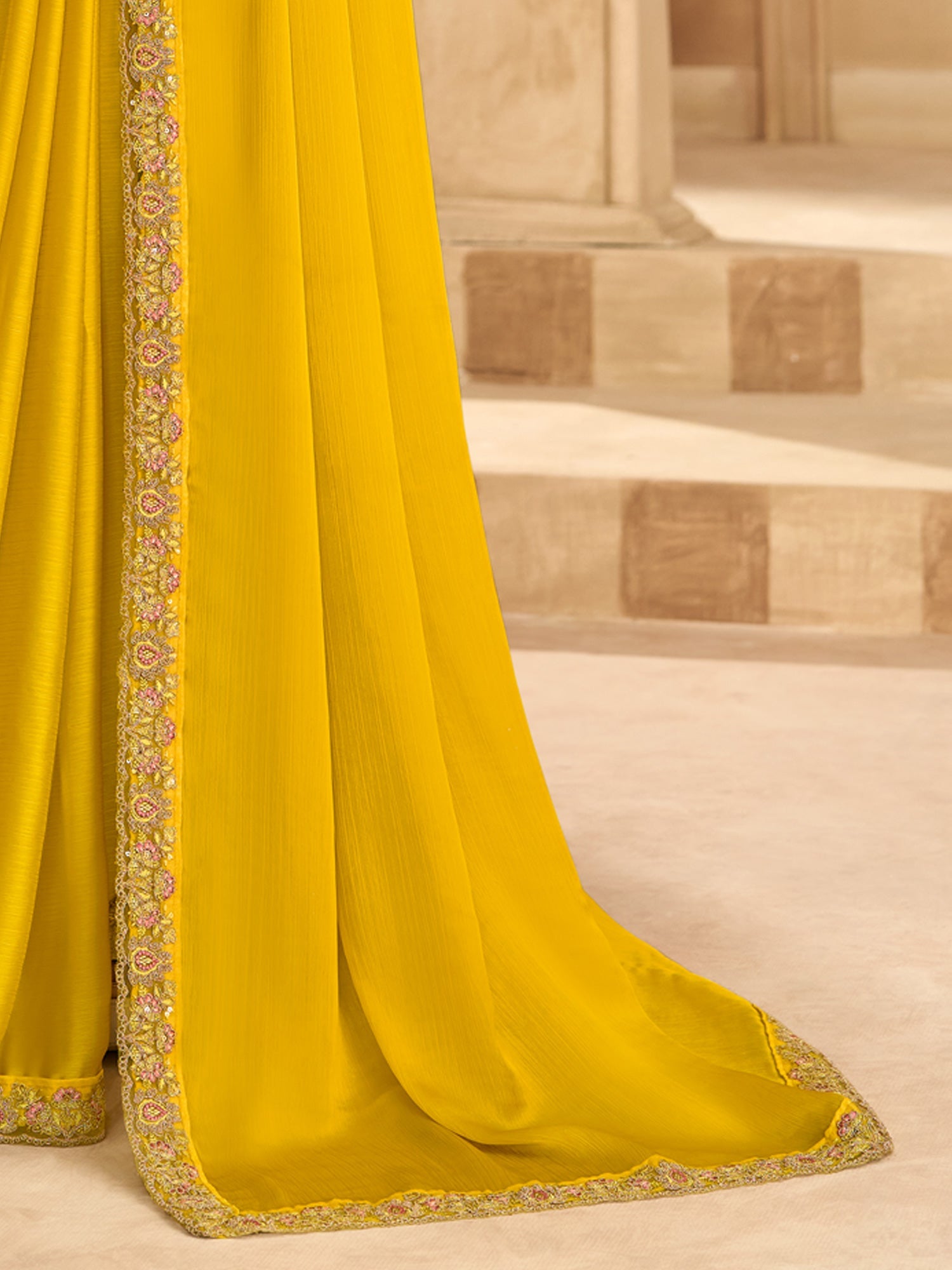 Mustard Yellow Plain Satin Saree - Ressa