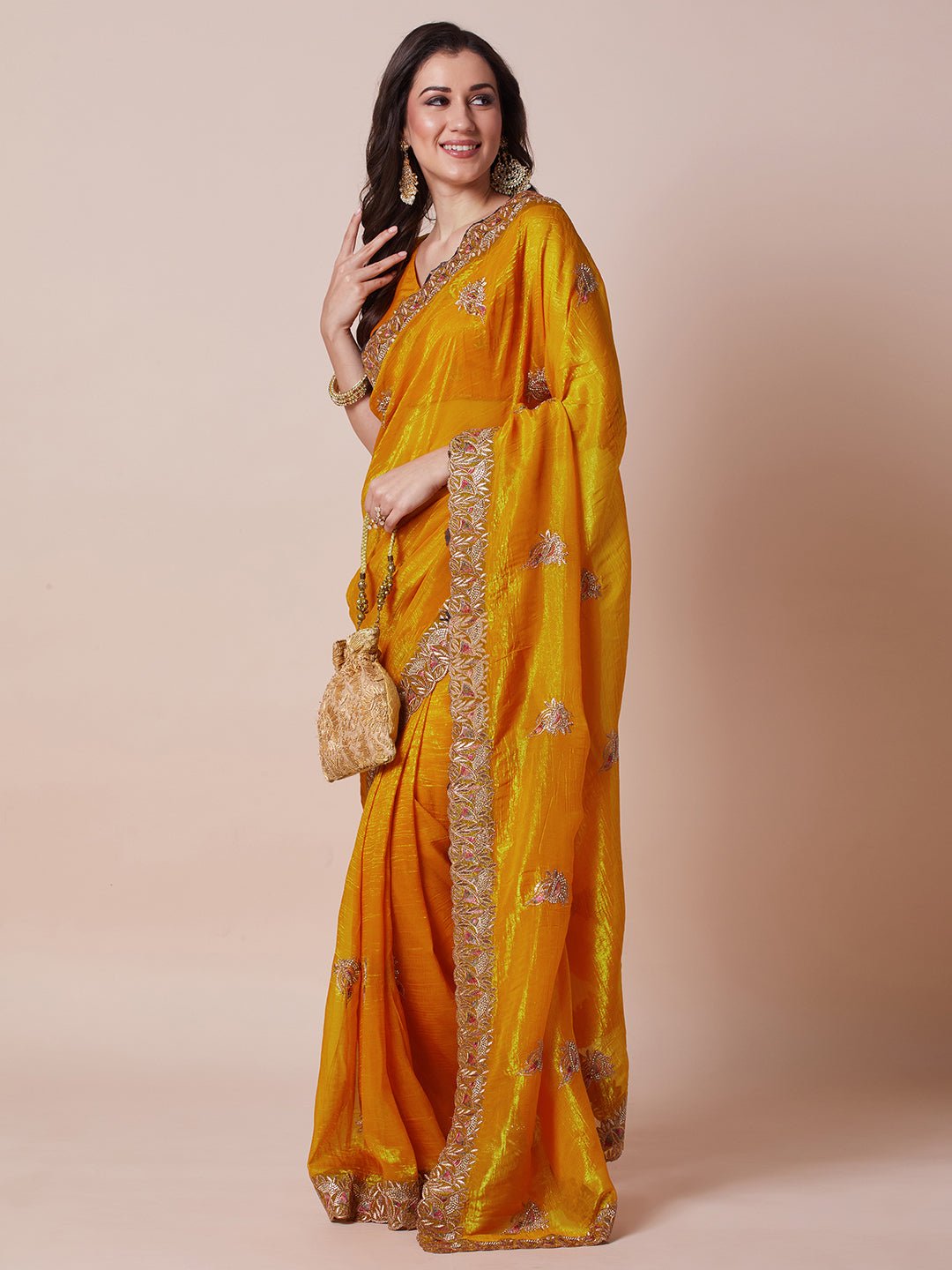 Mustard Yellow Polyester Embroidered Saree - Ressa