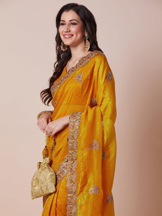 Mustard Yellow Polyester Embroidered Saree - Ressa