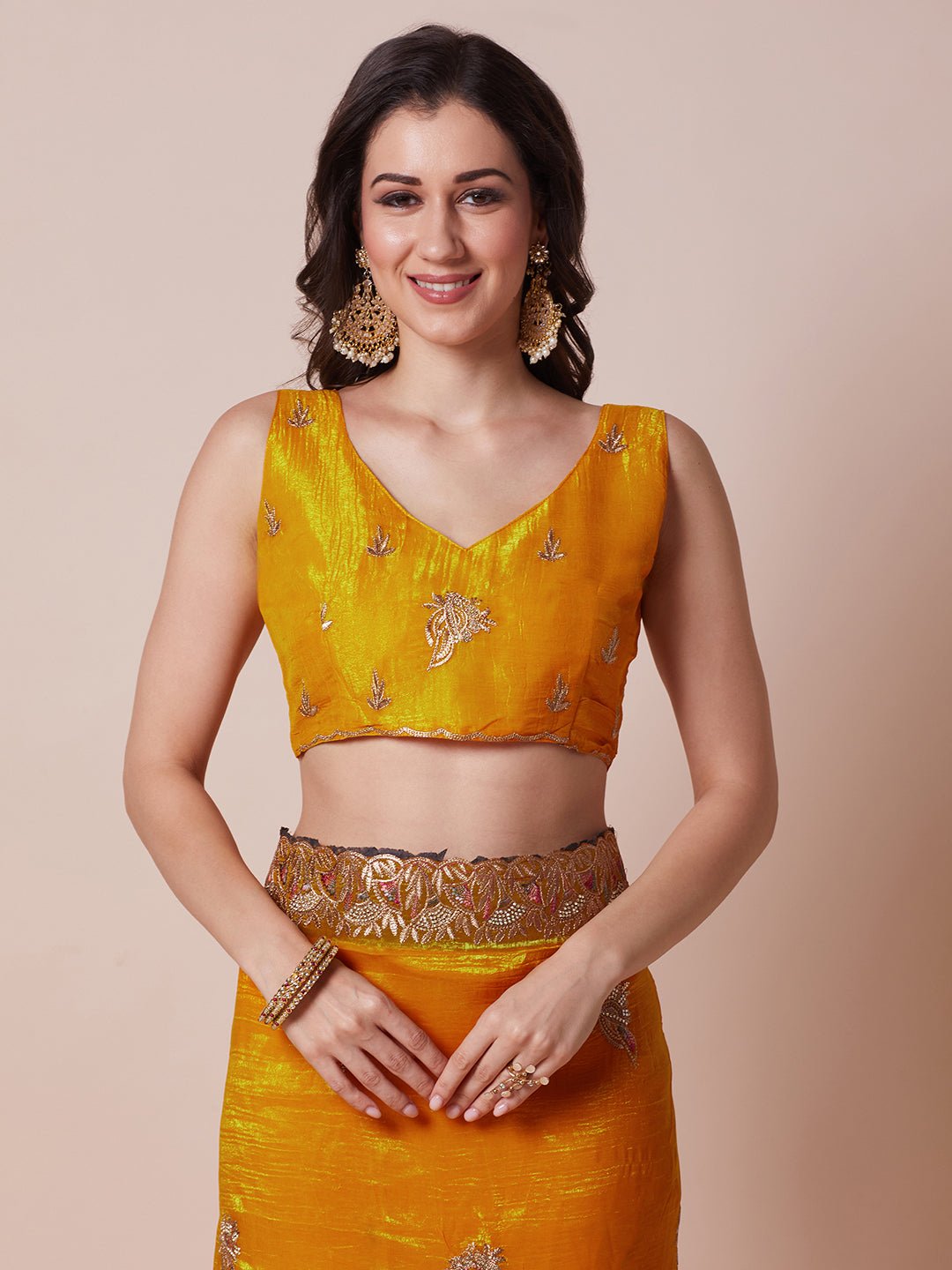 Mustard Yellow Polyester Embroidered Saree - Ressa