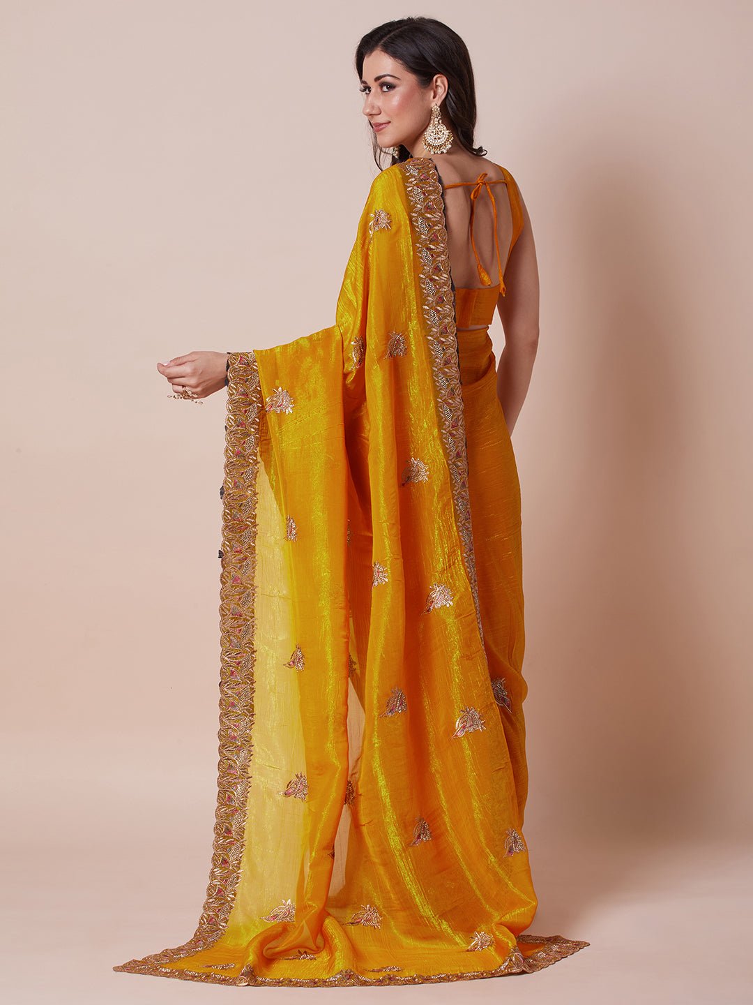 Mustard Yellow Polyester Embroidered Saree - Ressa