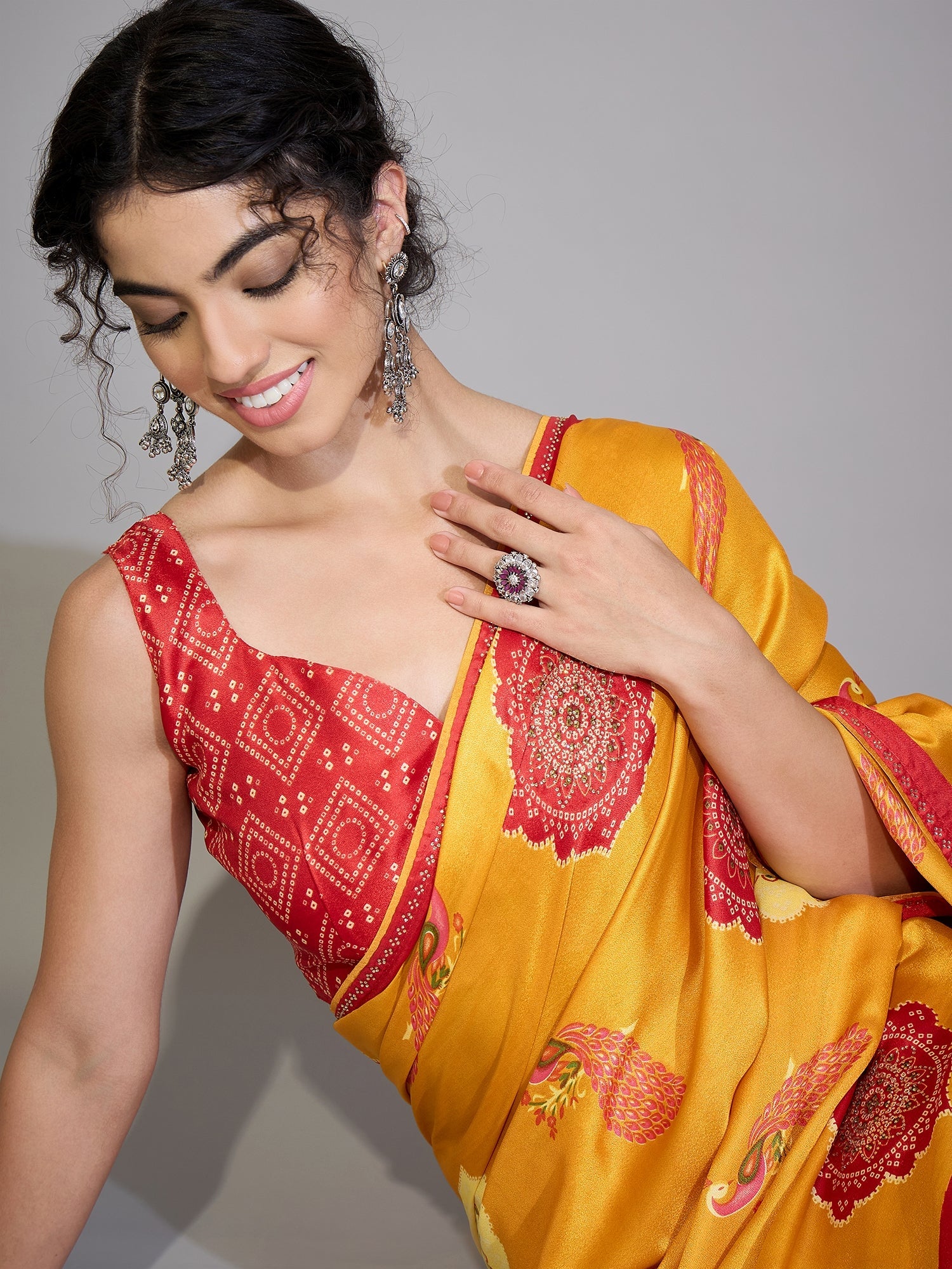 Mustard Yellow Printed Satin Silk Saree - Ressa