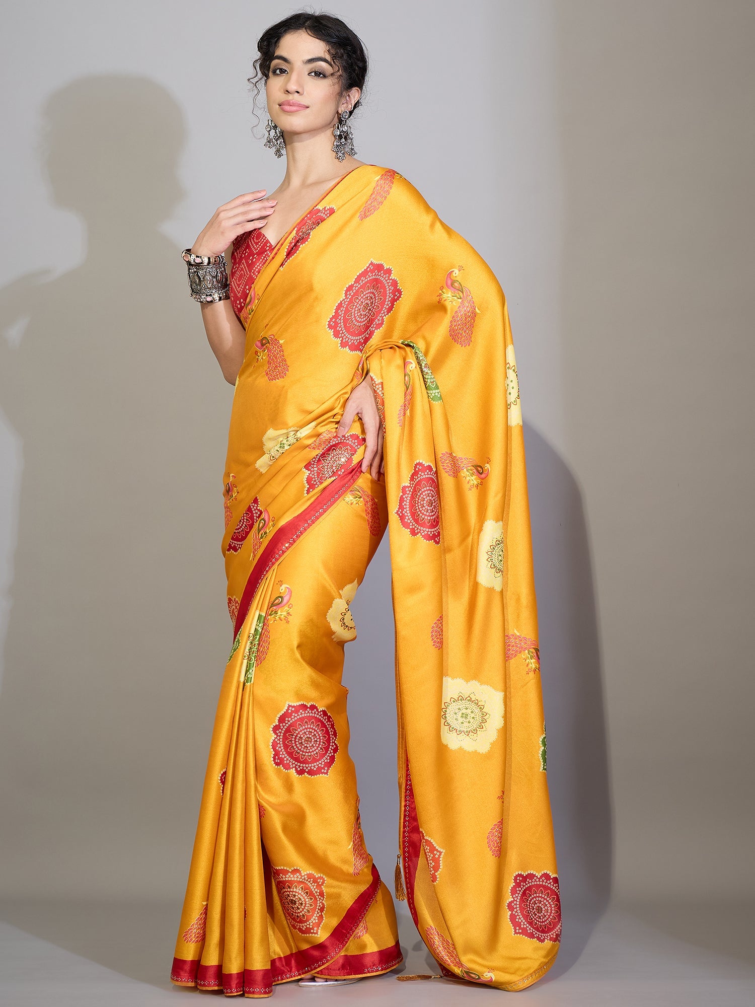 Mustard Yellow Printed Satin Silk Saree - Ressa