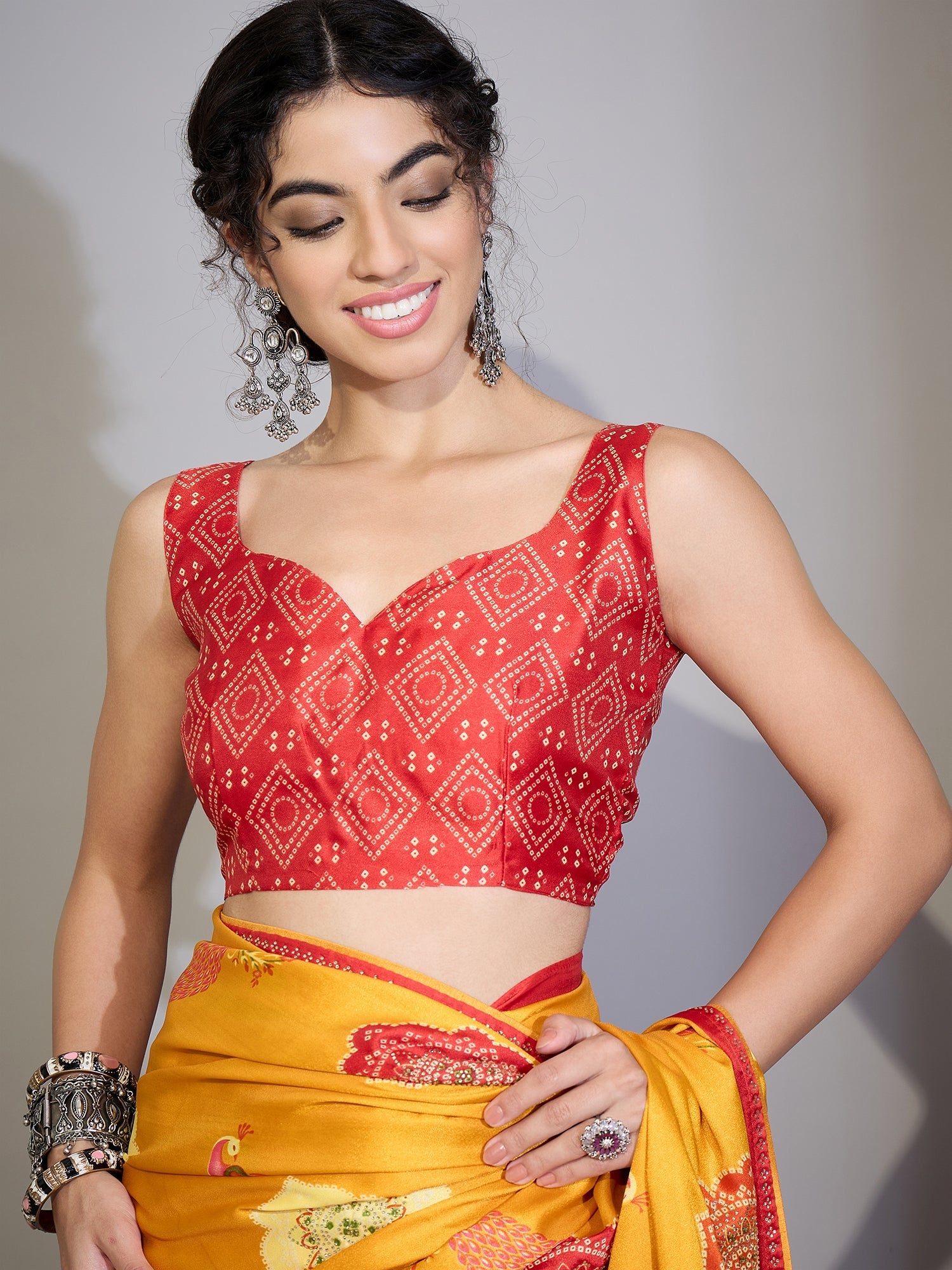 Mustard Yellow Printed Satin Silk Saree - Ressa