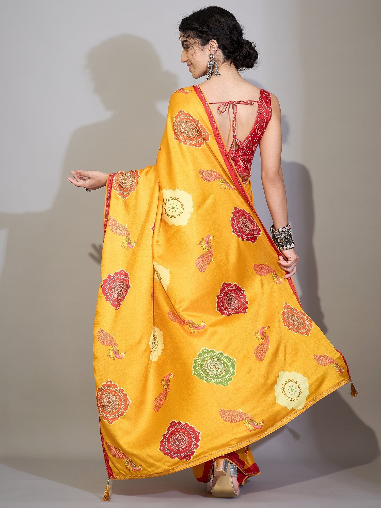 Mustard Yellow Printed Satin Silk Saree - Ressa