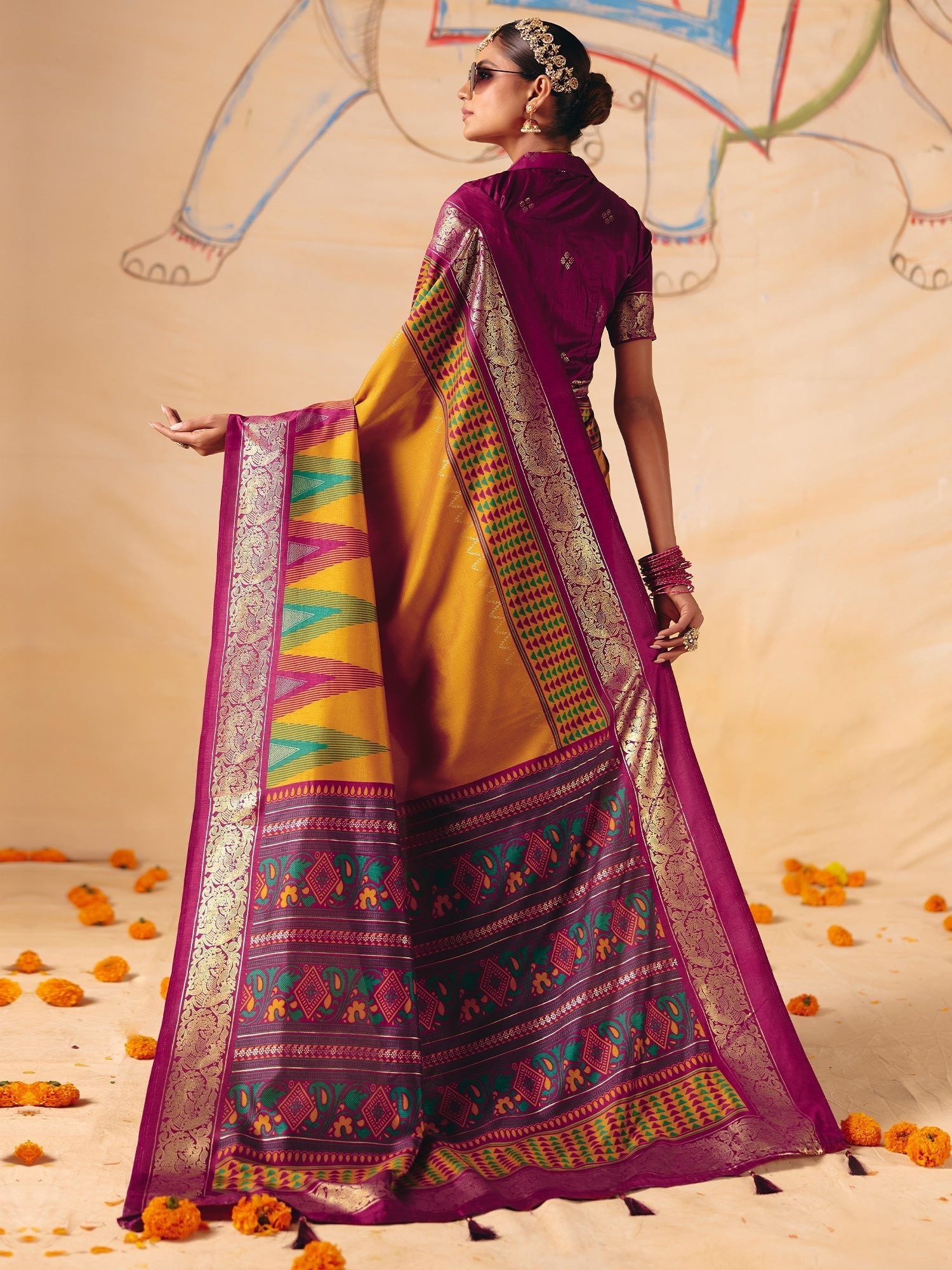 Mustard Yellow & Purple Patola Silk Saree with Zari Border - Ressa