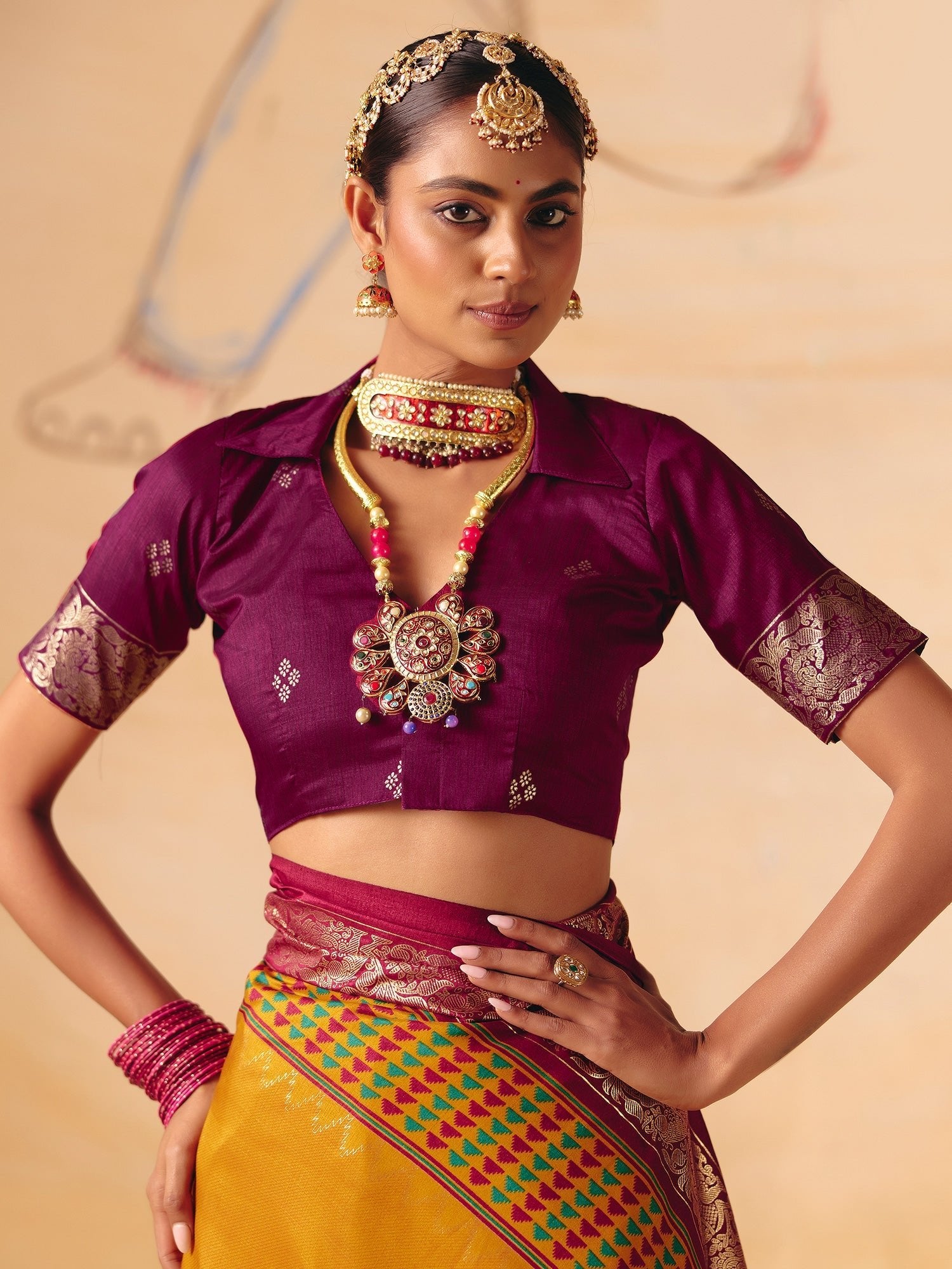 Mustard Yellow & Purple Patola Silk Saree with Zari Border - Ressa