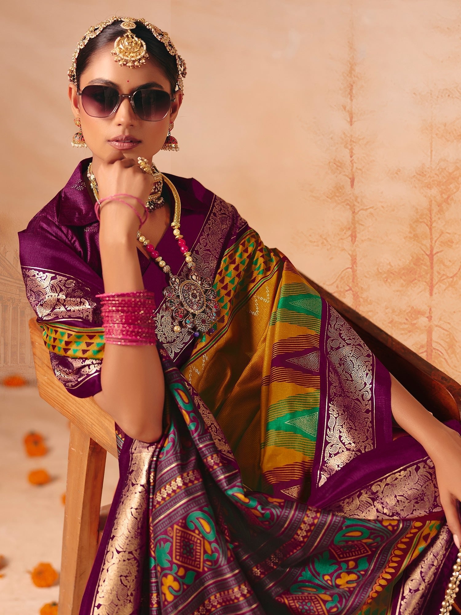 Mustard Yellow & Purple Patola Silk Saree with Zari Border - Ressa