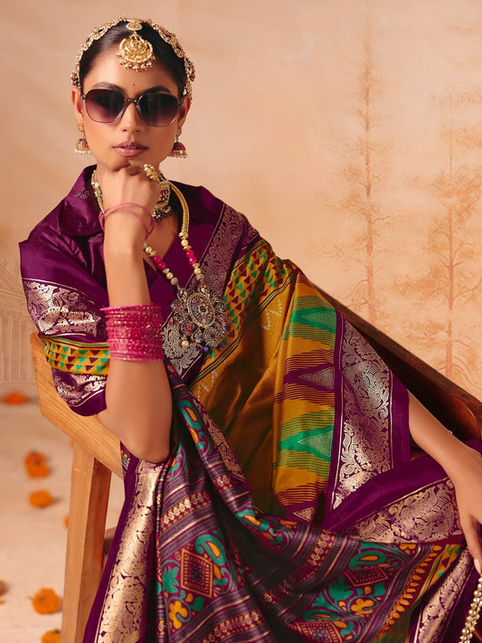 Mustard Yellow & Purple Patola Silk Saree with Zari Border - Ressa