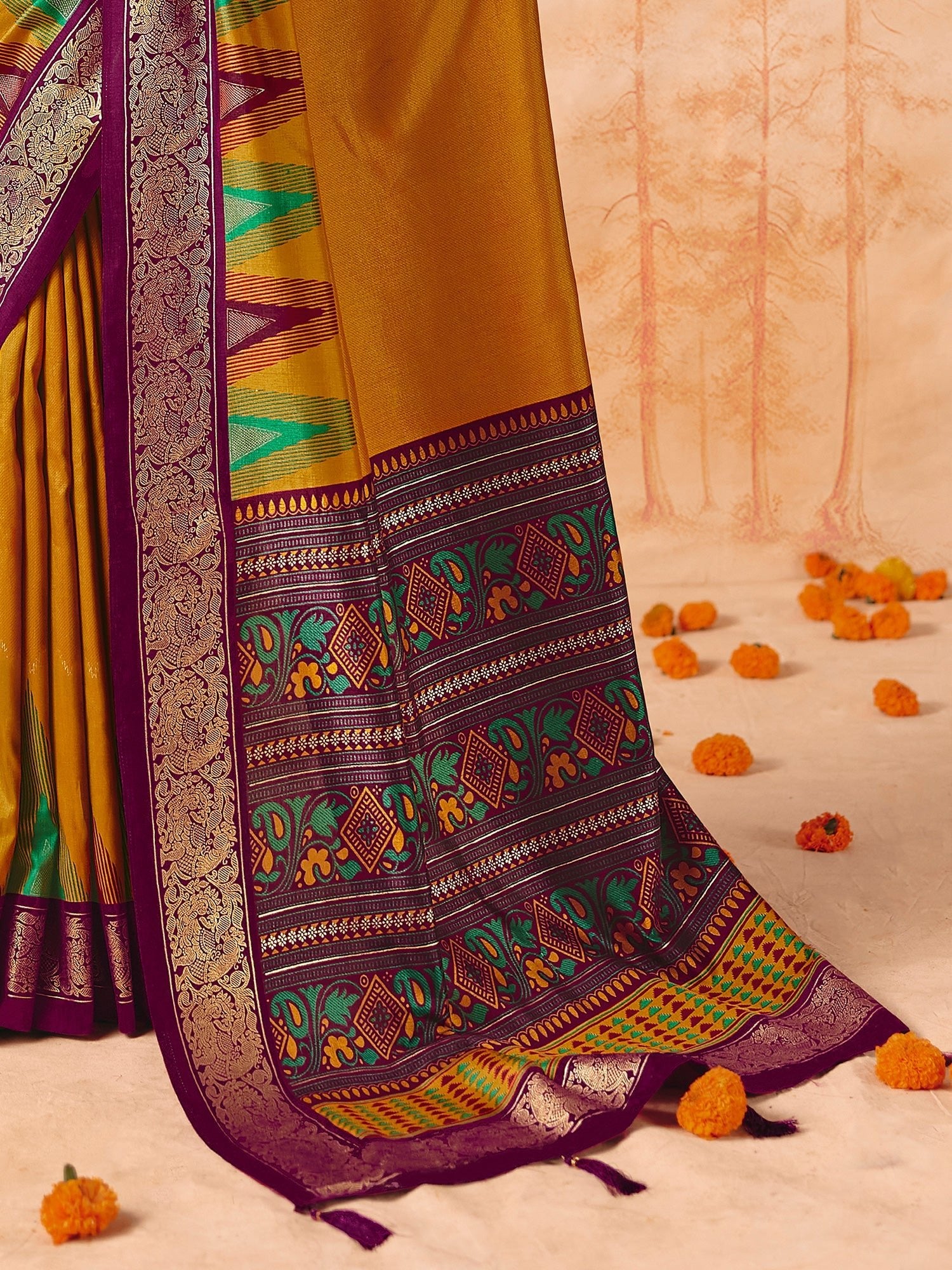 Mustard Yellow & Purple Patola Silk Saree with Zari Border - Ressa