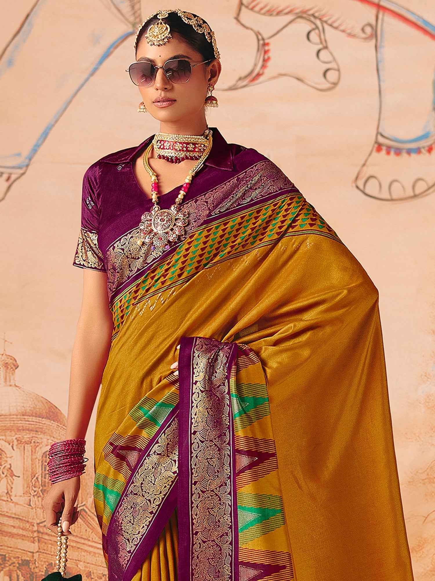 Mustard Yellow & Purple Patola Silk Saree with Zari Border - Ressa