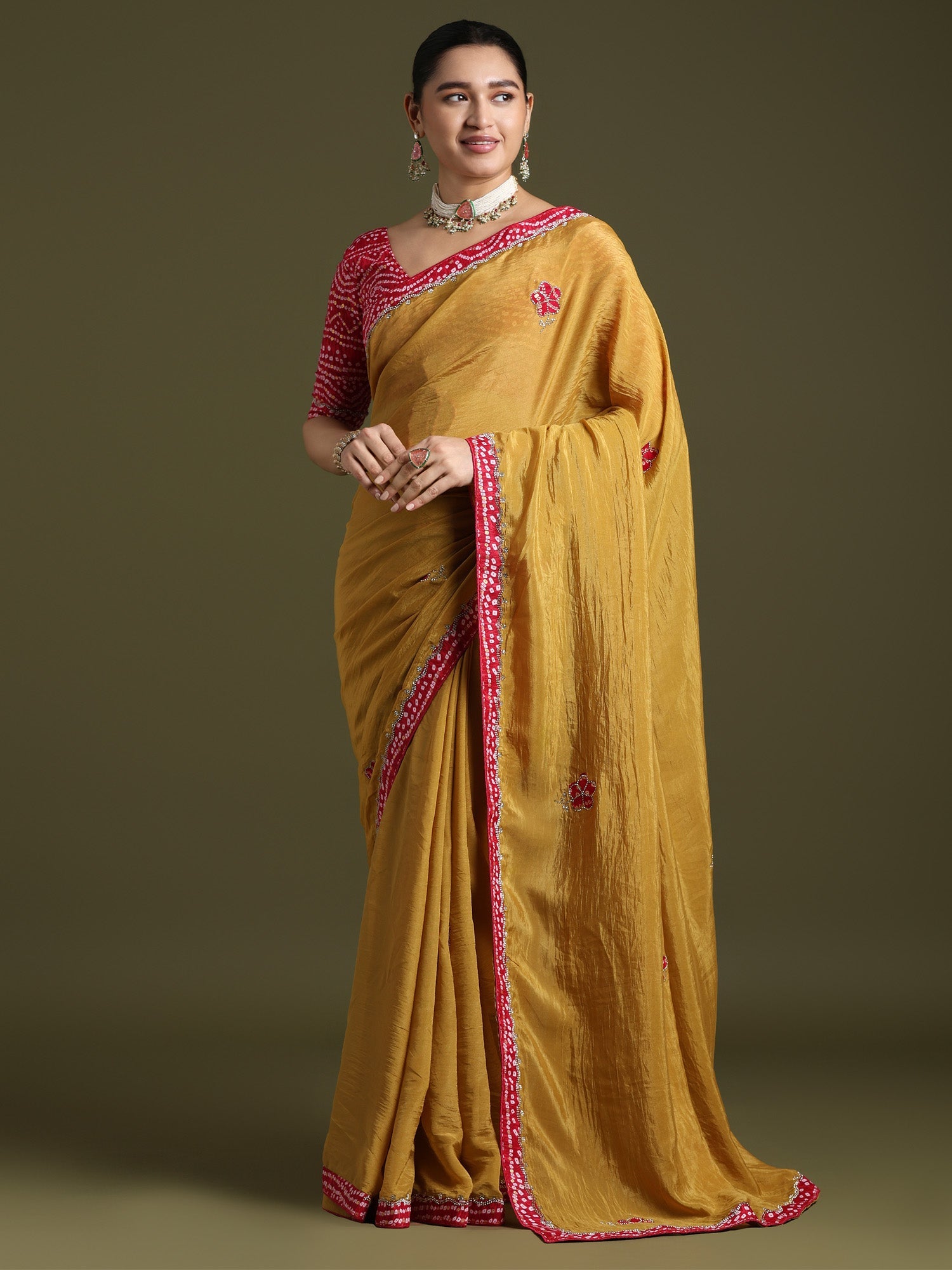 Mustard Yellow Saree with Rani Pink Border - Ressa
