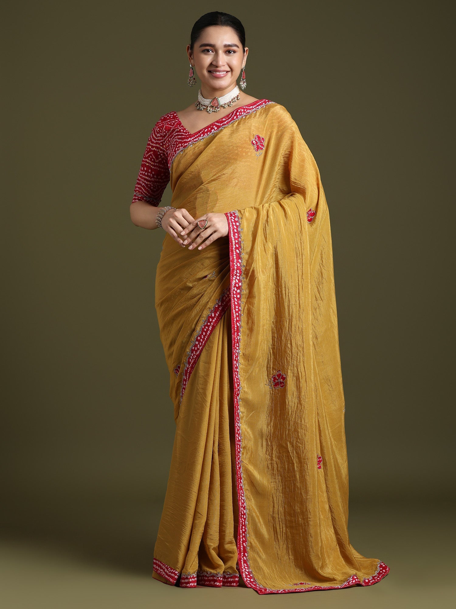 Mustard Yellow Saree with Rani Pink Border - Ressa
