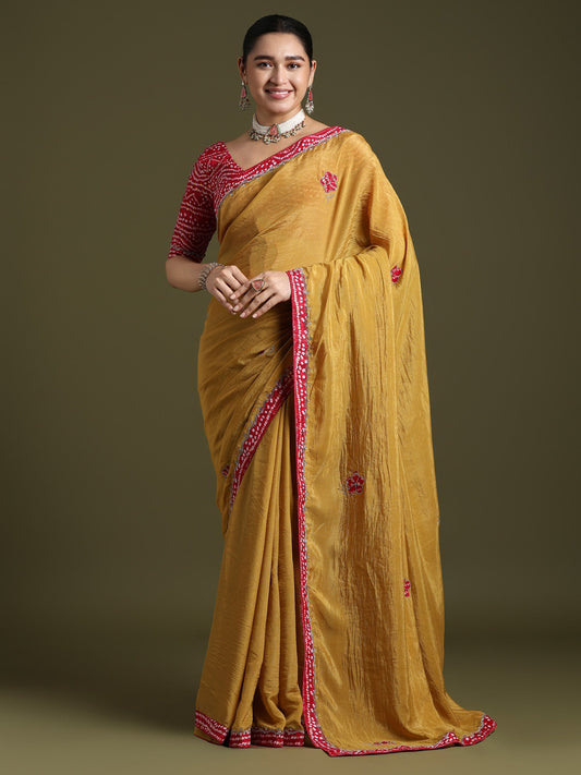 Mustard Yellow Saree with Rani Pink Border - Ressa