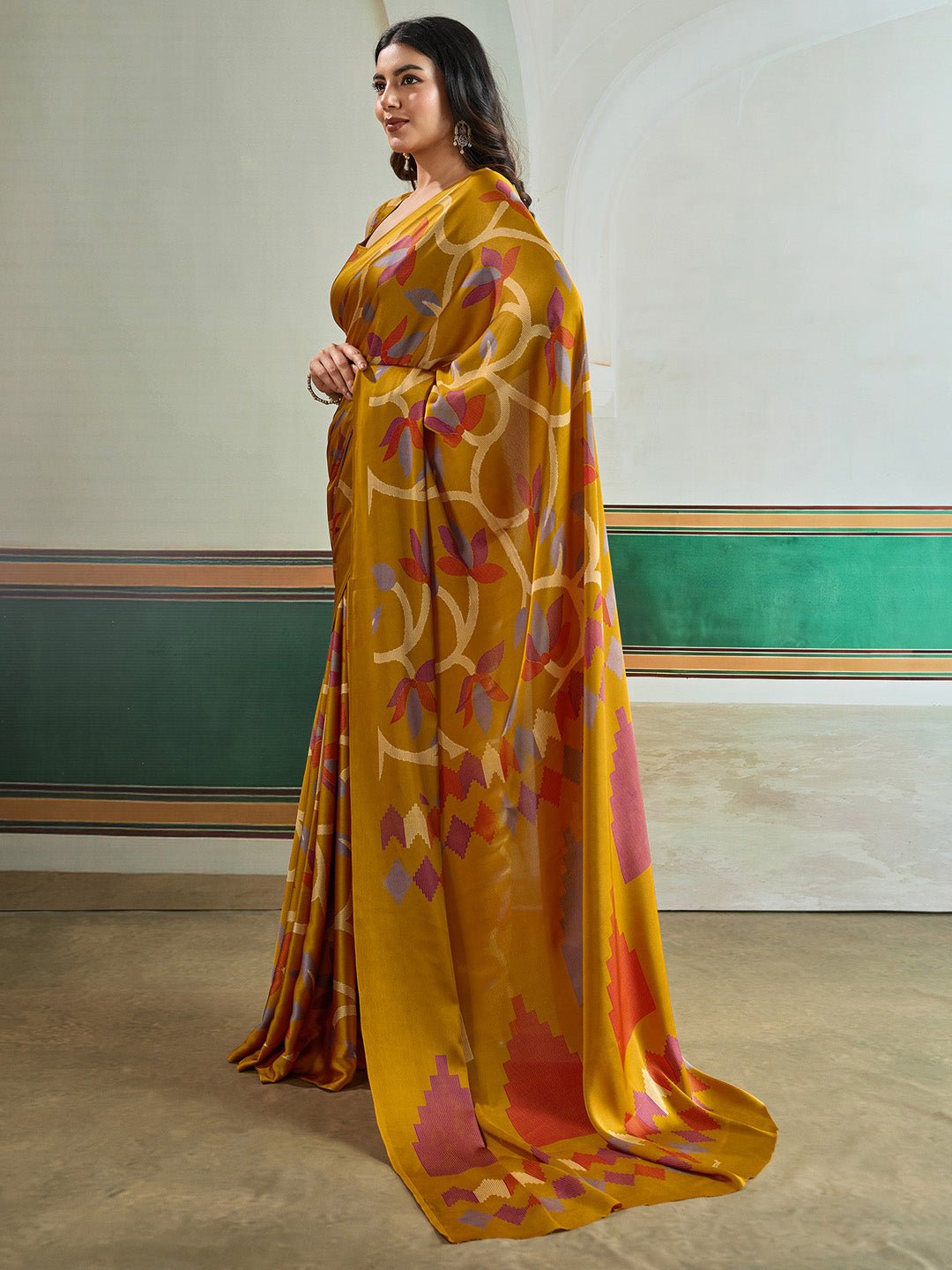 Mustard Yellow Satin Crepe Saree - Ressa