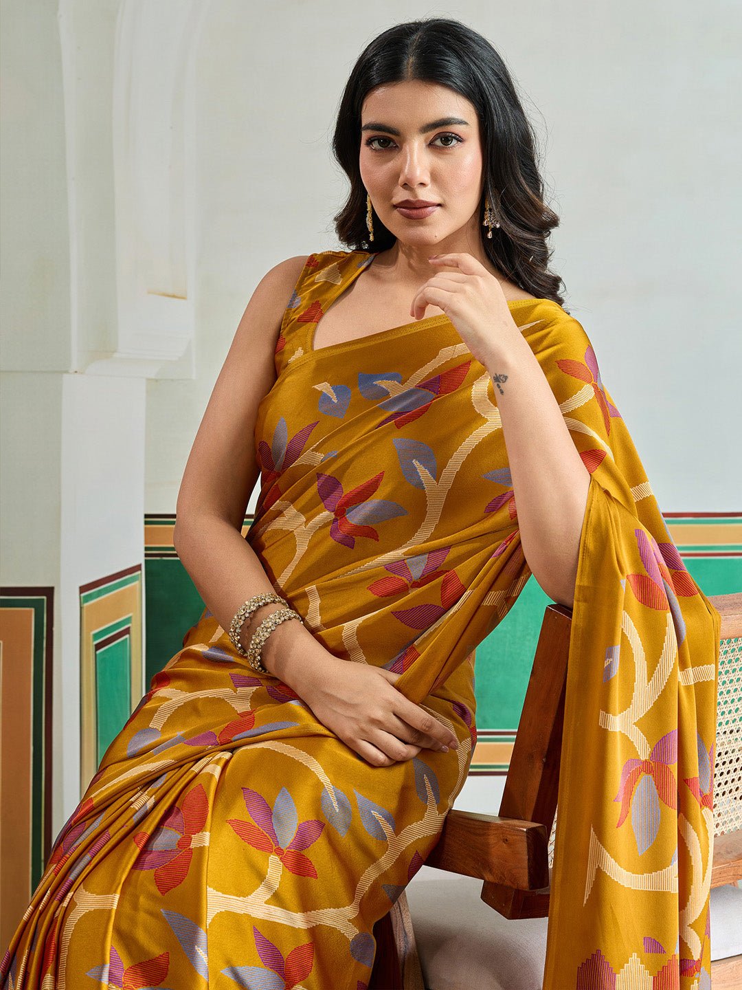 Mustard Yellow Satin Crepe Saree - Ressa