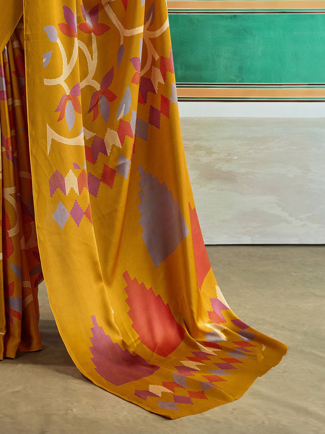 Mustard Yellow Satin Crepe Saree - Ressa