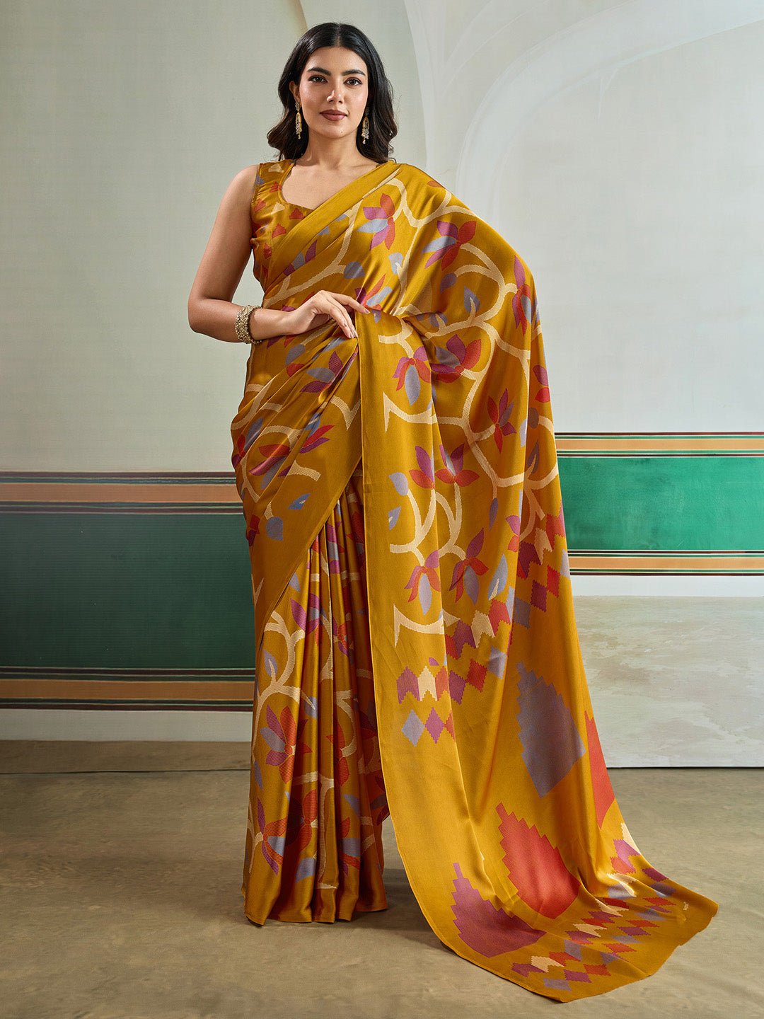 Mustard Yellow Satin Crepe Saree - Ressa