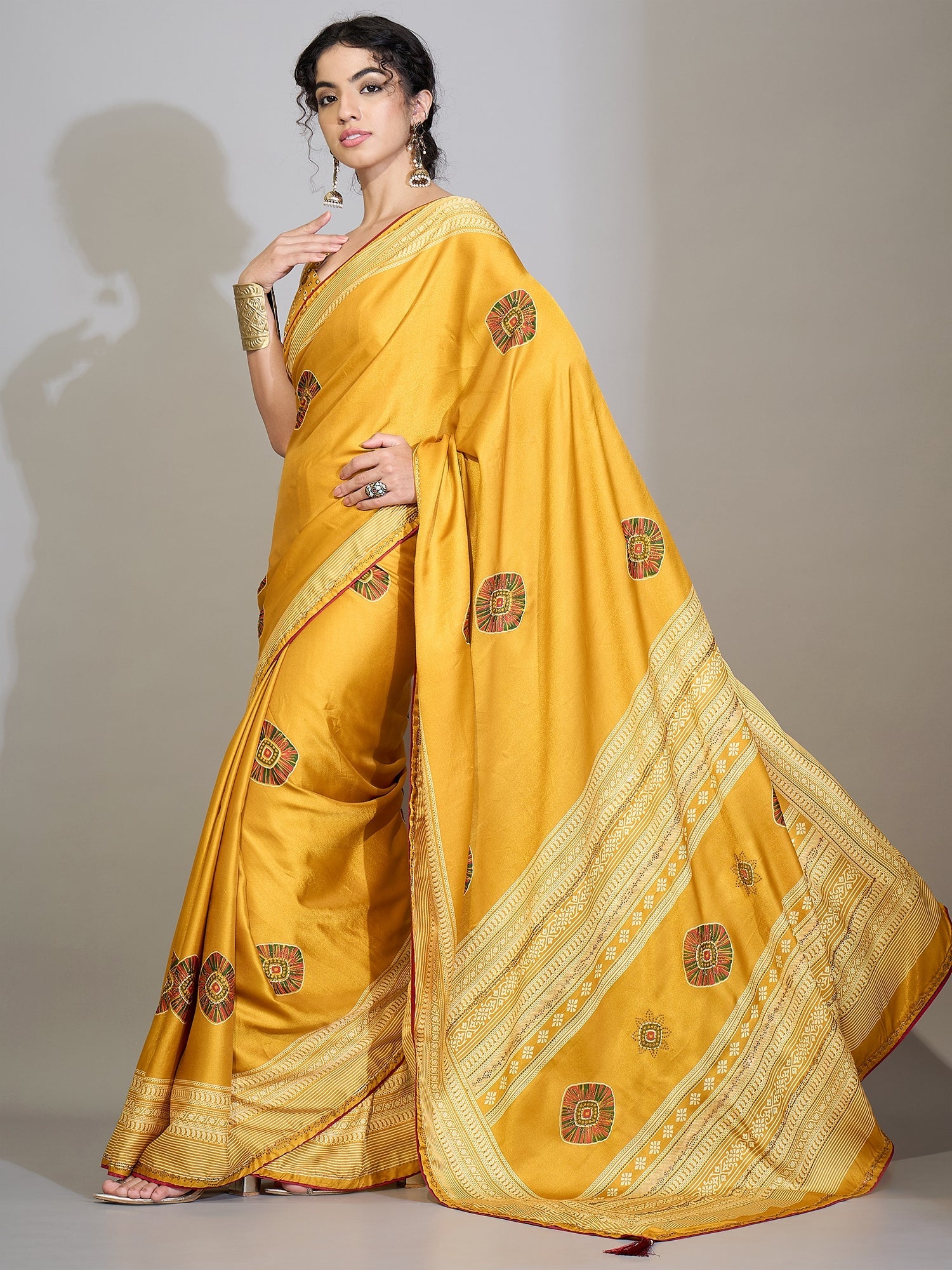 Mustard Yellow Satin Printed Saree - Ressa