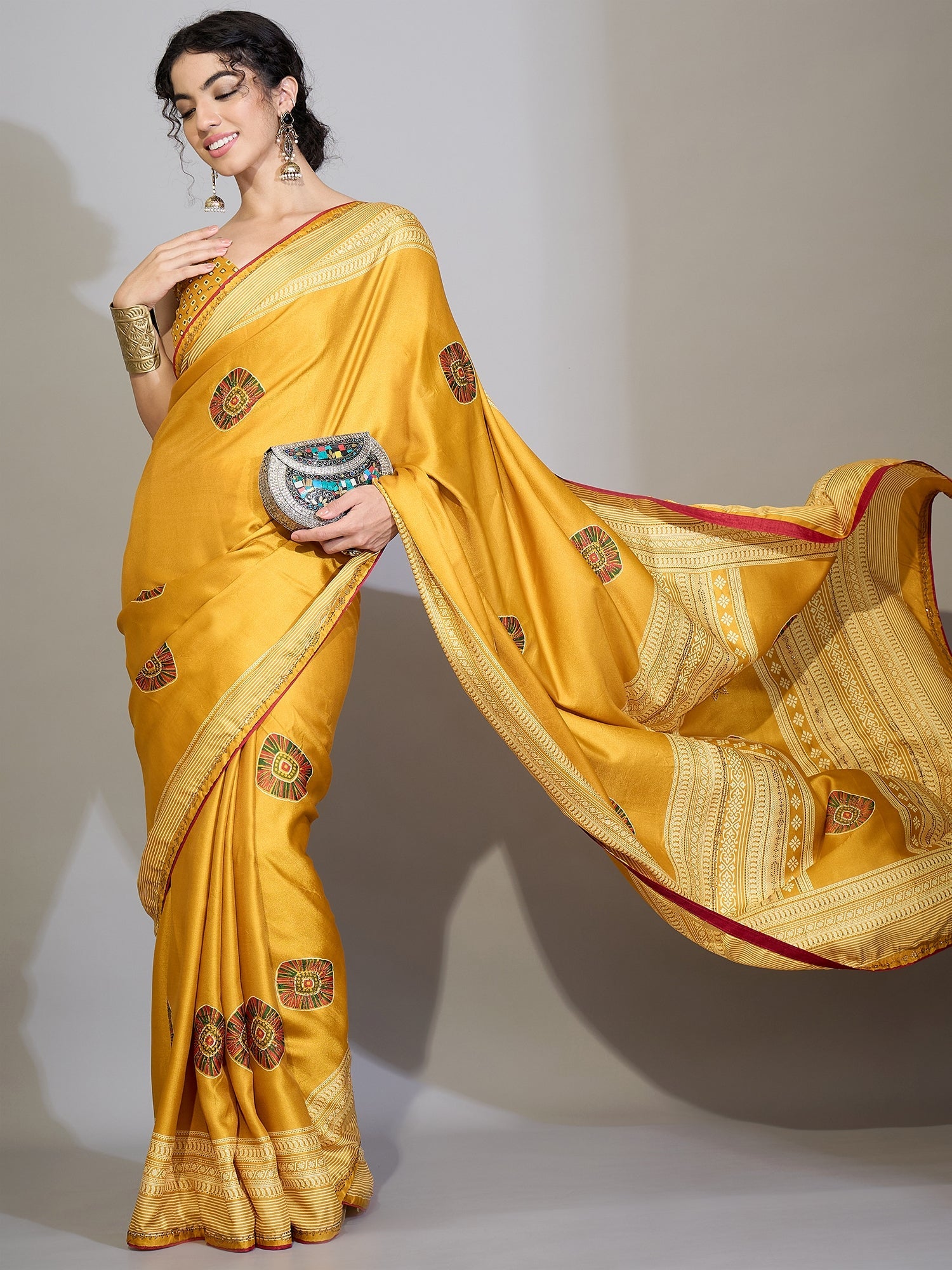 Mustard Yellow Satin Printed Saree - Ressa