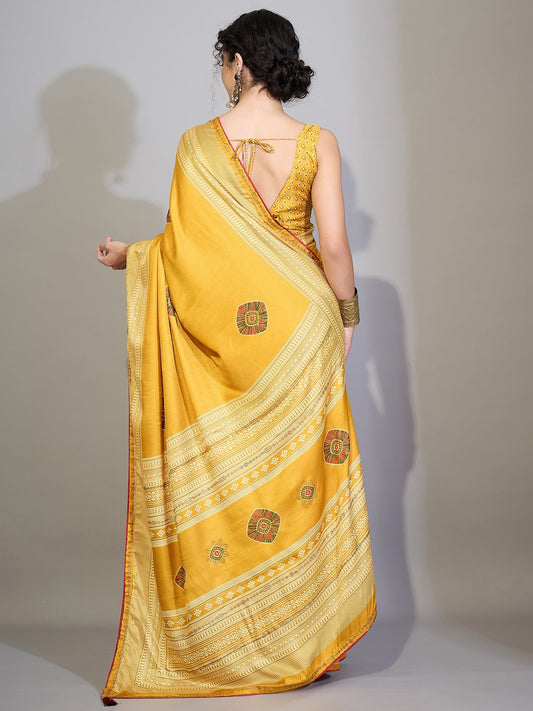 Mustard Yellow Satin Printed Saree - Ressa
