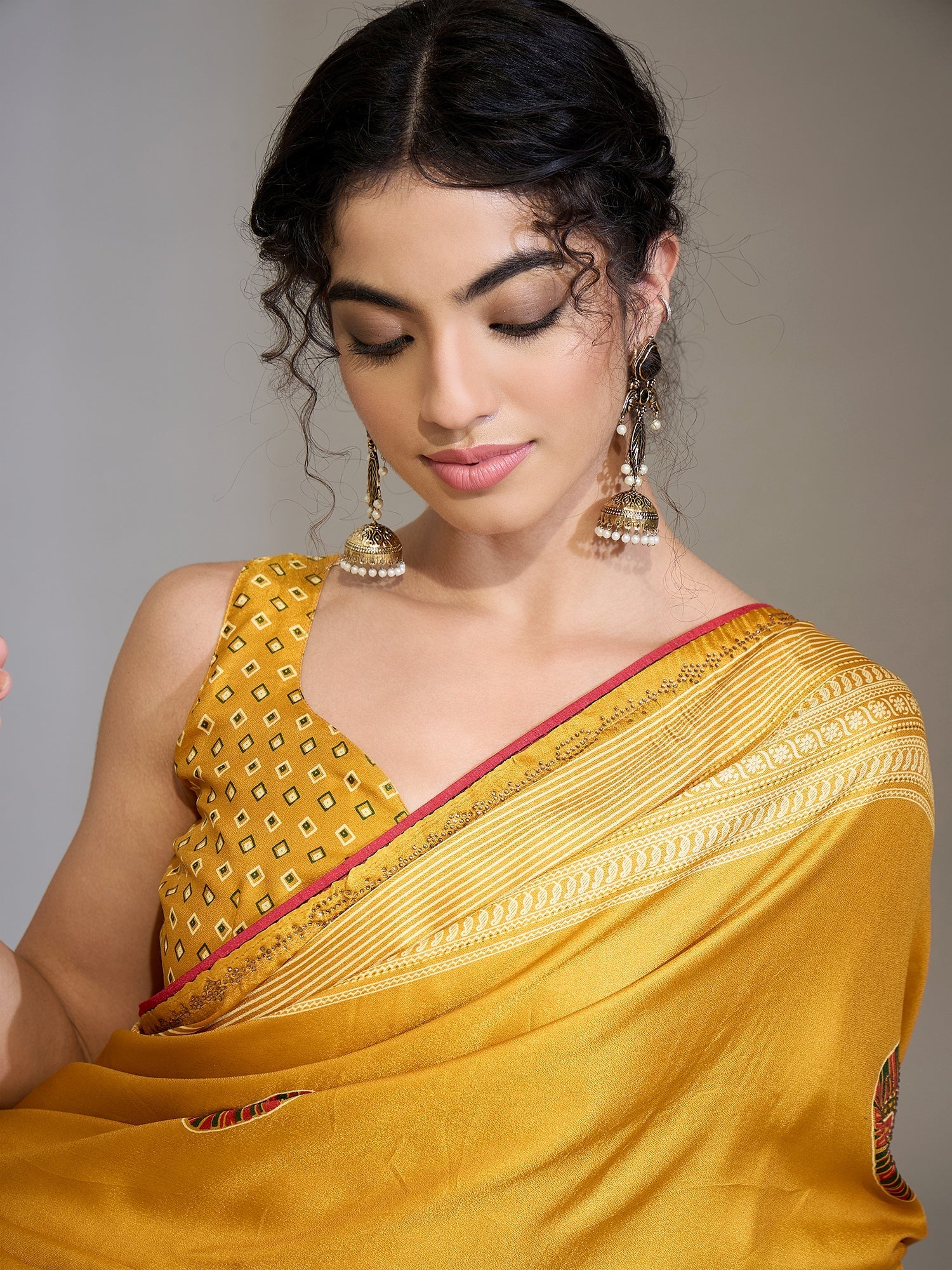 Mustard Yellow Satin Printed Saree - Ressa