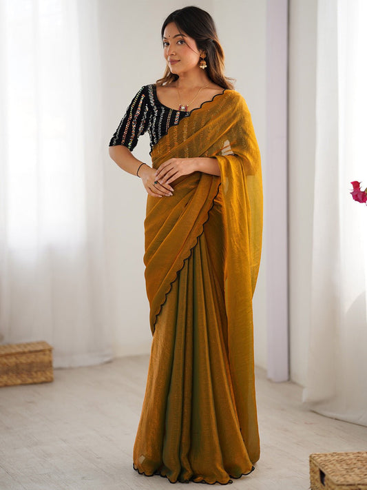 Mustard Yellow Shimmering Silk Blend Saree - Ressa