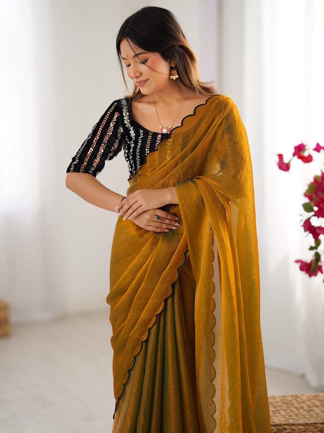 Mustard Yellow Shimmering Silk Blend Saree - Ressa