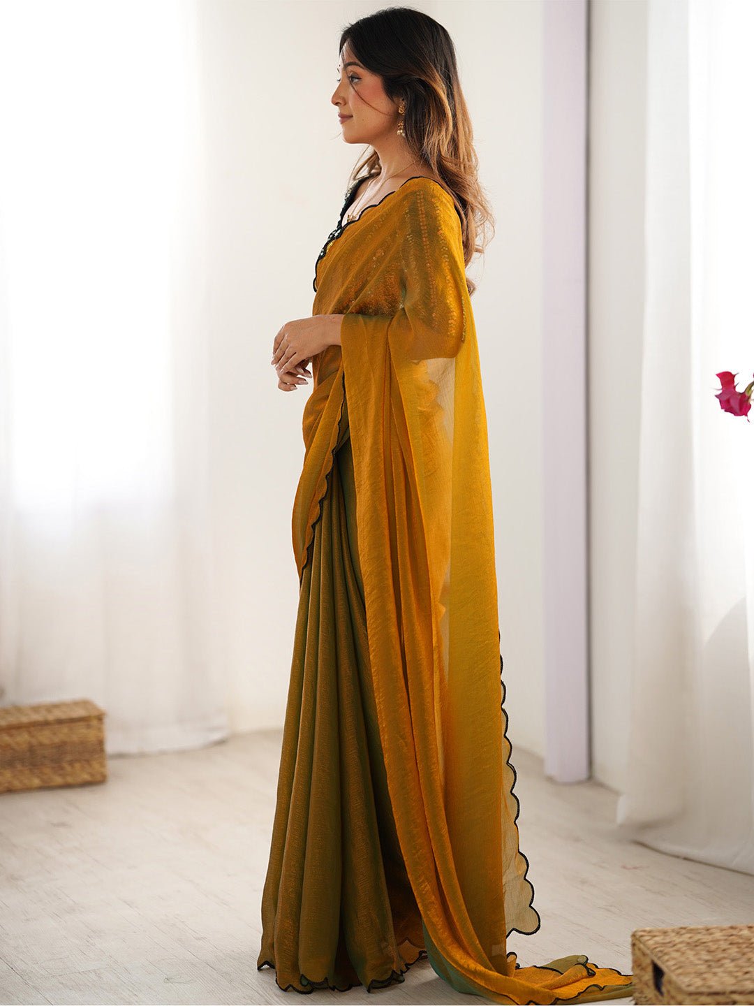 Mustard Yellow Shimmering Silk Blend Saree - Ressa
