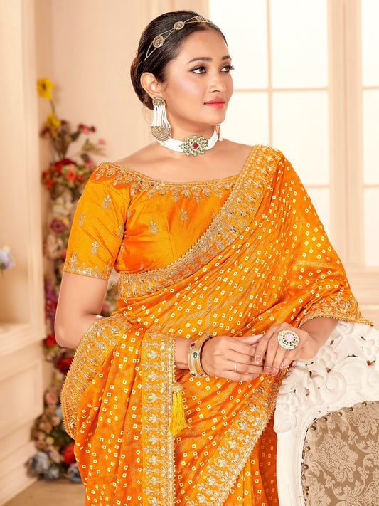 Mustard Yellow Silk Blend Golden Zari Grid Work Embroidered Border Designer Blouse Saree - Ressa