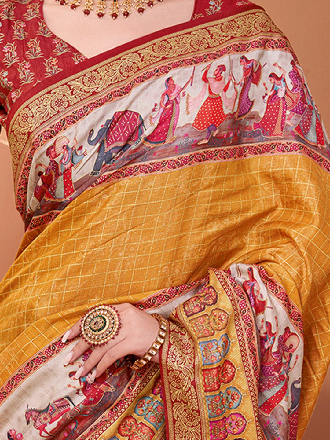 Mustard Yellow Silk Blend Pichwai Print Bandhani Pattern Contrast Blouse Saree - Ressa